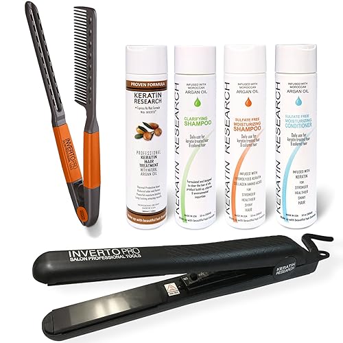 Tratamiento completo de queratina brasileña para el cabello, kit de 4 botellas de 10.1 fl oz con peine fácil e INVERTO Pro de 1 pulgada de doble