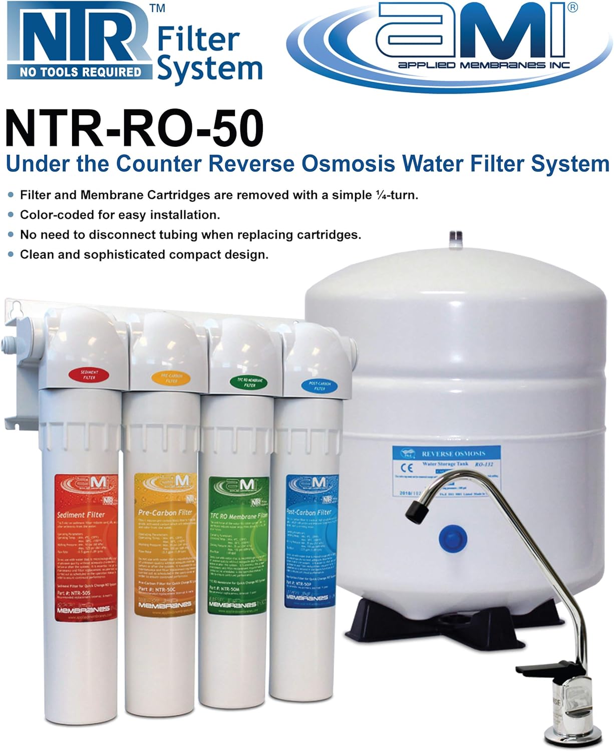 No Tools Required Home Reverse Osmosis Drinking Water System 4 Stage NTR Quick-Change Under-The-Sink for Point of Use Home RO