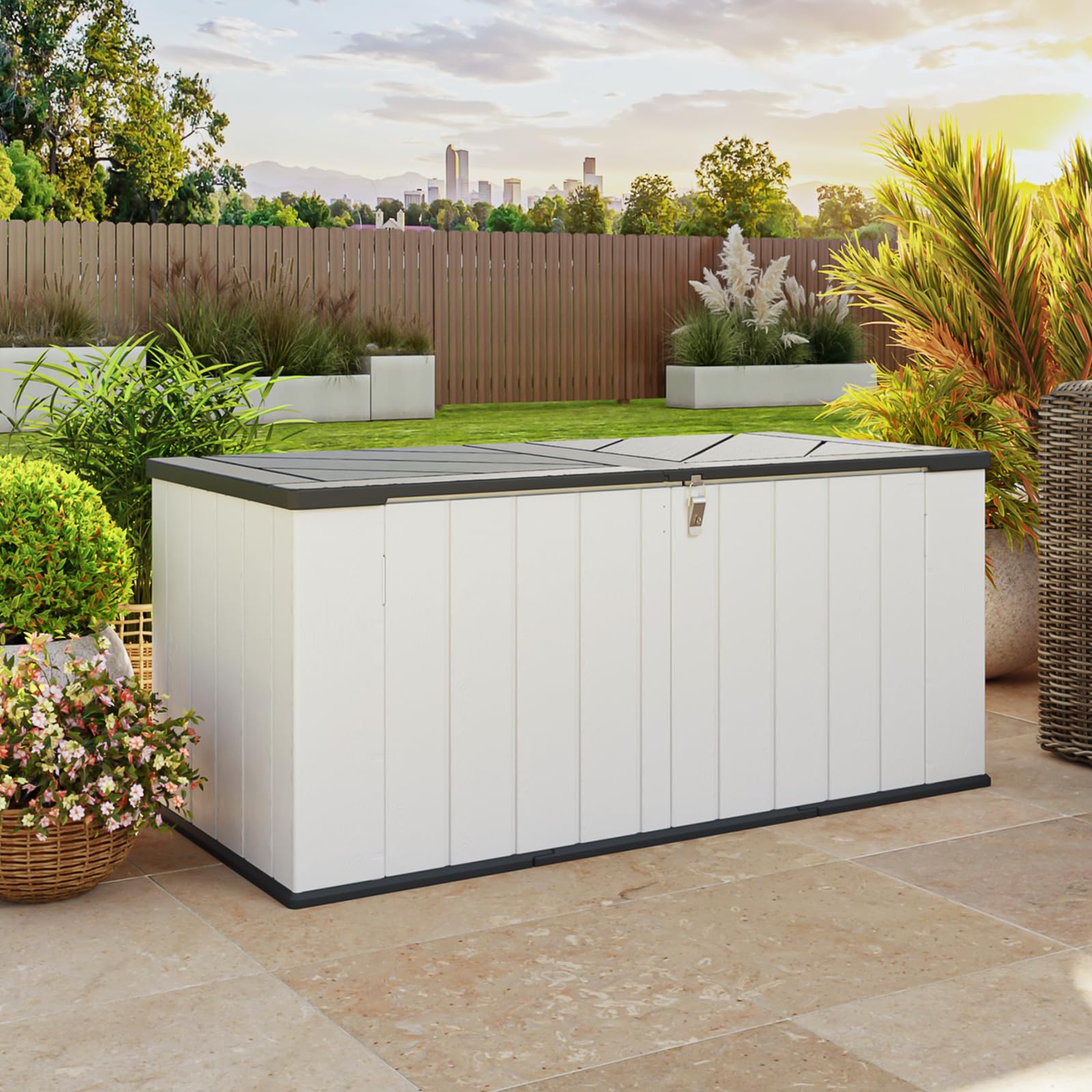 Aoxun Outdoor Deck Box 600L, Large Resin Outdoor Storage Box with Lid, Waterproof & UV-Resistant Garden Storage for Cushions, Tools, and Pool Accessories 4.7x2.2FT(White) — image 1