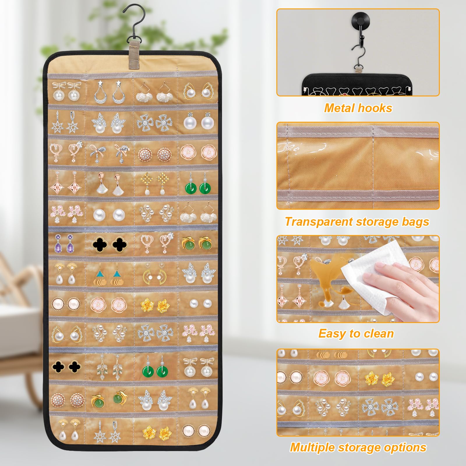 Organizador de Joyas Colgante Doble Cara 48 Bolsillos Ganchos Metal para Armario Pendientes Collares Anillos