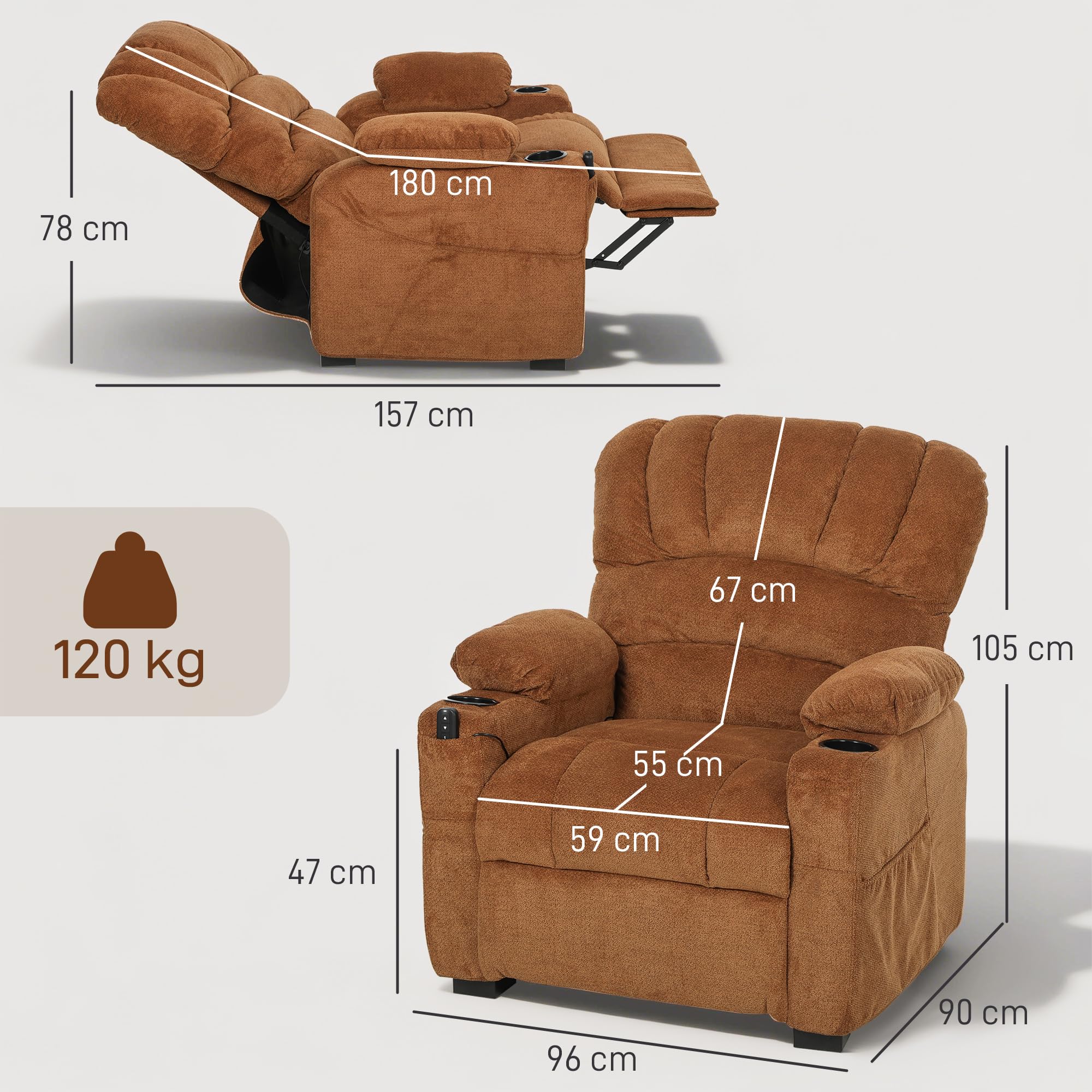 HOMCOM Sillón Relax Reclinable Eléctrico, Sillón Reclinable Silencioso de Terciopelo con Función Memoria, Reposapiés, Mando a Distancia, Bolsillos, Puerto USB, Portavasos, Respaldo Concha, Marrón