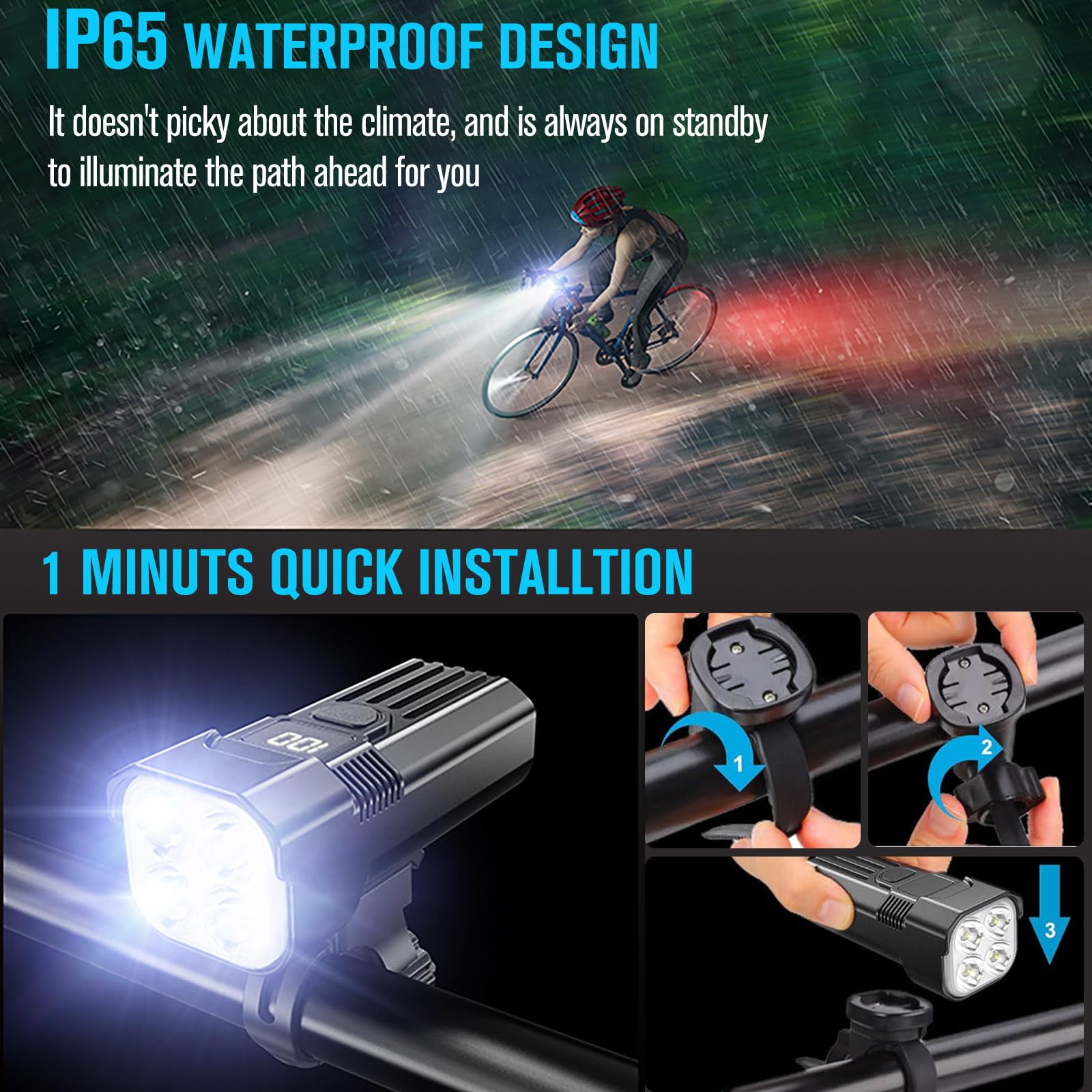 Ensemble de feux de vélo à DEL 2025, 2000 lumens, feux avant et arrière, autonomie de 36 heures de plus pour la route et le feu arrière