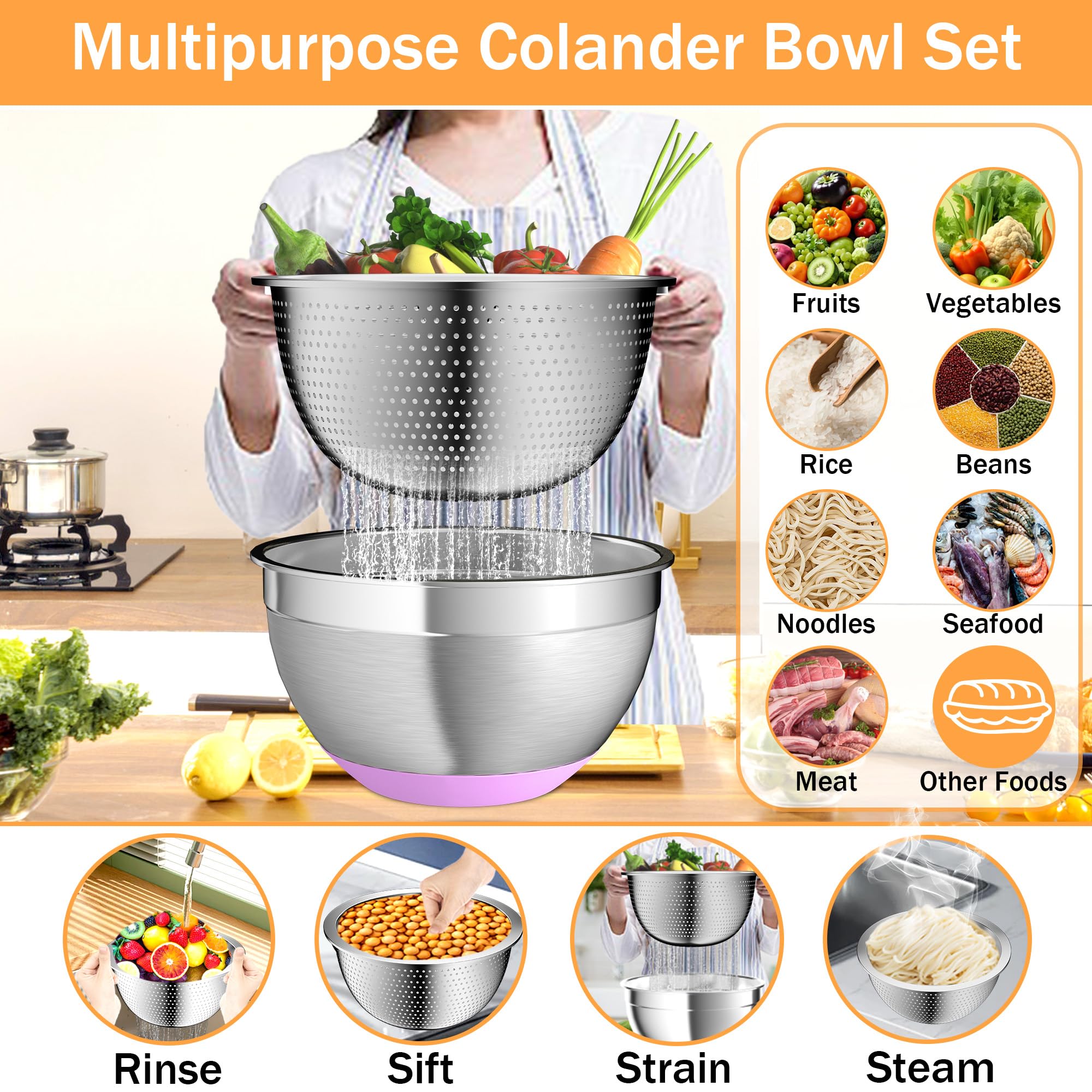 Nicdiet Rührschüsseln mit luftdichten Deckeln, Edelstahl-Rührschüssel-Set mit 3 Metall-Schüsseln, Sieb und Reibe, rutschfeste Unterseite, Größe 1,5, 2,5, 5 QT, ideal zum Mischen und Servieren
