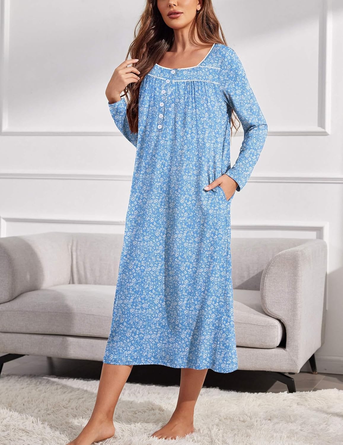 Ekouaer Womens Long Sleeve Nightgowns Long Sleep Shirts Henley Night Shirts Full Length Nightgown - Image 2