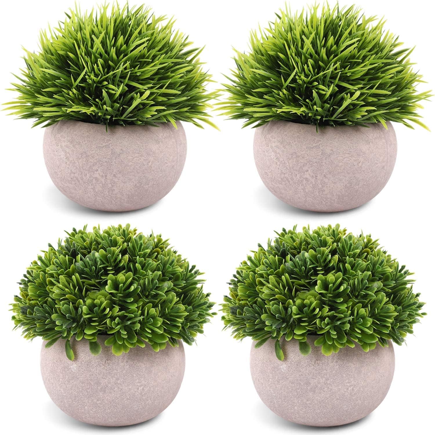 Dekor ly 4 Packs Artificial Potted Plants Bathroom Fake Shelf Plant Office Table Decor Mini Green Faux Topiary Kitchen Cabinet Farmhouse Decorations (4 Plastic Pots)