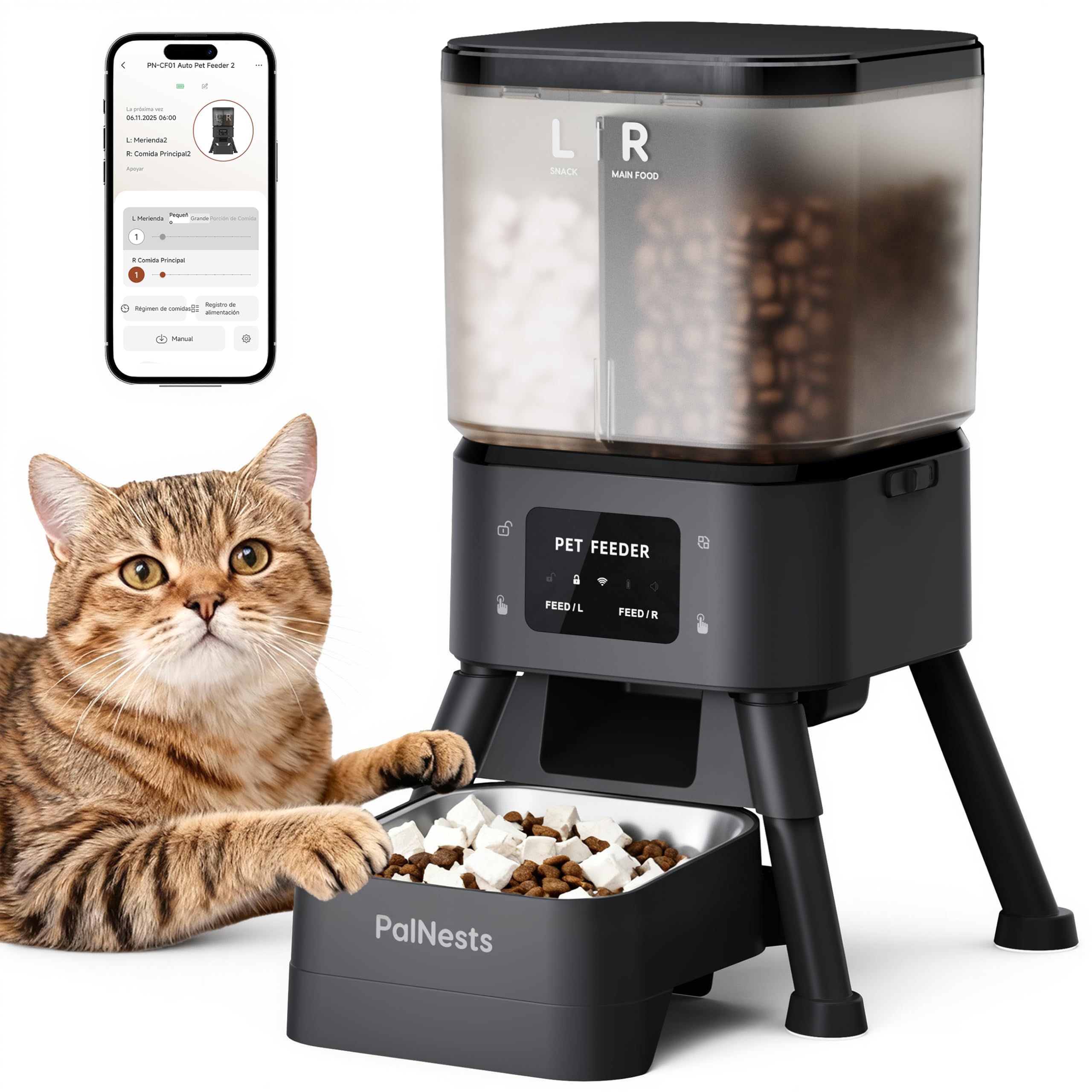 Comedero Gato Automatico con Doble Granero, Control Remoto por Aplicación, Dispensador de Comida Automático con Tolva Doble 4L, Porciones Ajustables con Temporizador, WiFi, Inalámbrico Global Recycled Standard Global Recycled Standard Global Recycled Standard
