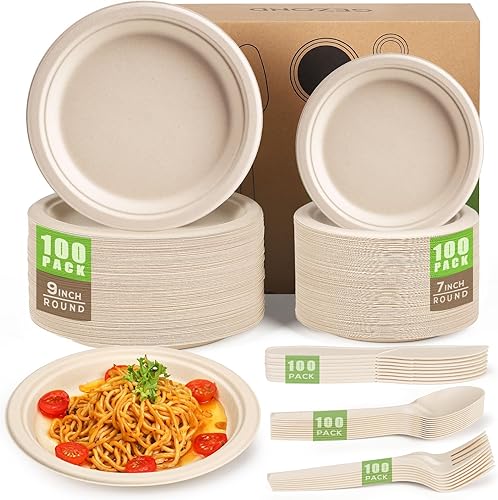 Gezond Juego de platos de papel compostables, 500 piezas, platos desechables, cubiertos de alta resistencia, juego de vajilla ecológica para fiesta