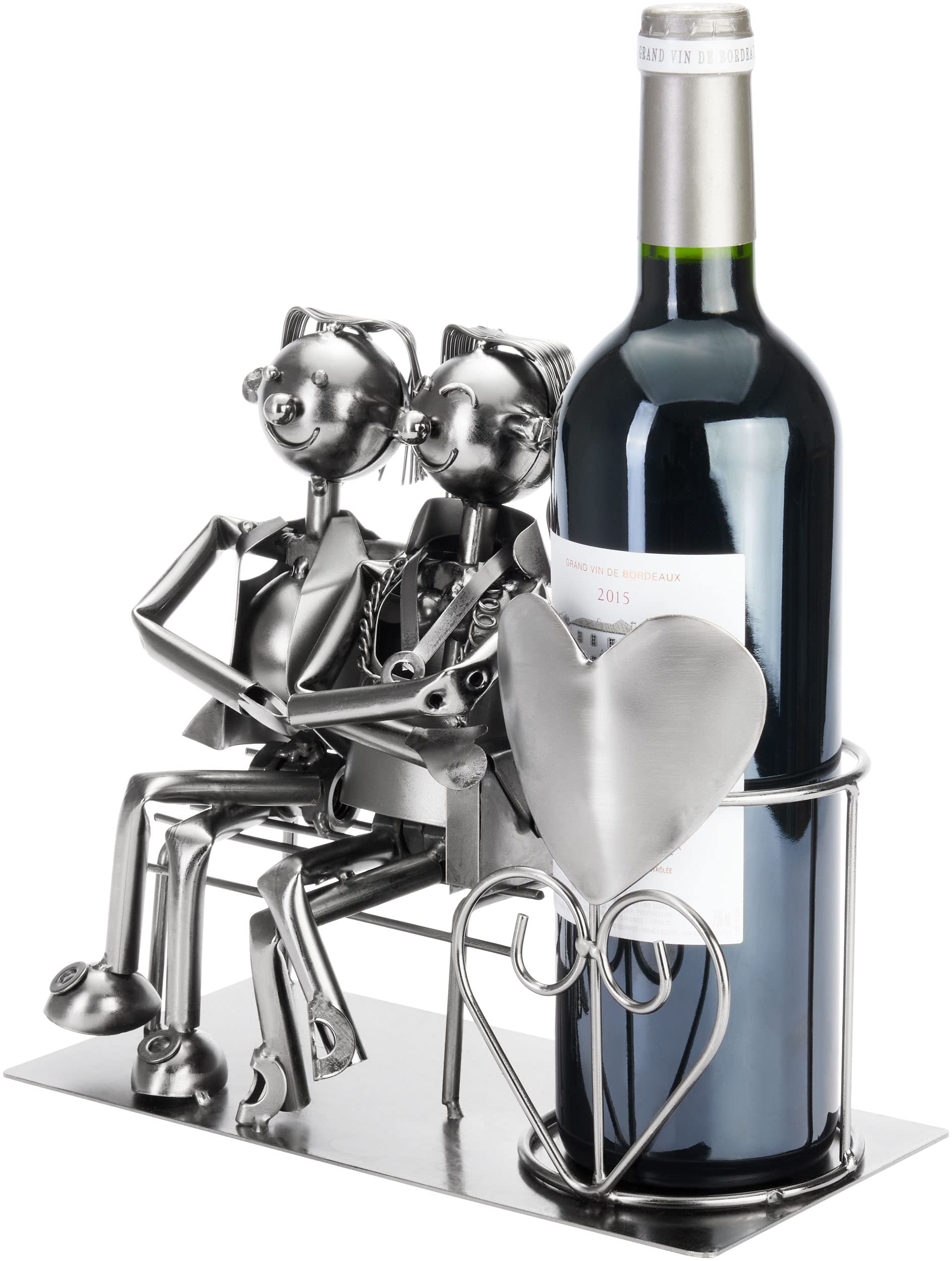 BRUBAKER Portabottiglie Amanti sulla Panchina - Argento - Figura Amore in Metallo - Regalo di Scultura per Coppie Sposate con Carta Regalo