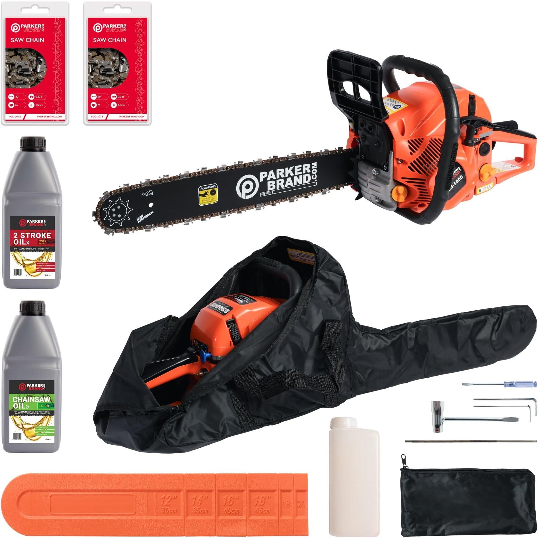 58cc 20" Petrol Chainsaw + 2 x Chains + Oils + More
