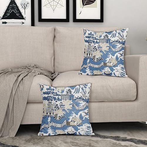 Miniatura 7 de Granbey Chinoiserie - Juego de 2 fundas de almohada elegantes asiáticas escénicas de 18 x 18 pulgadas, pagoda azul marino y blanco, fundas de