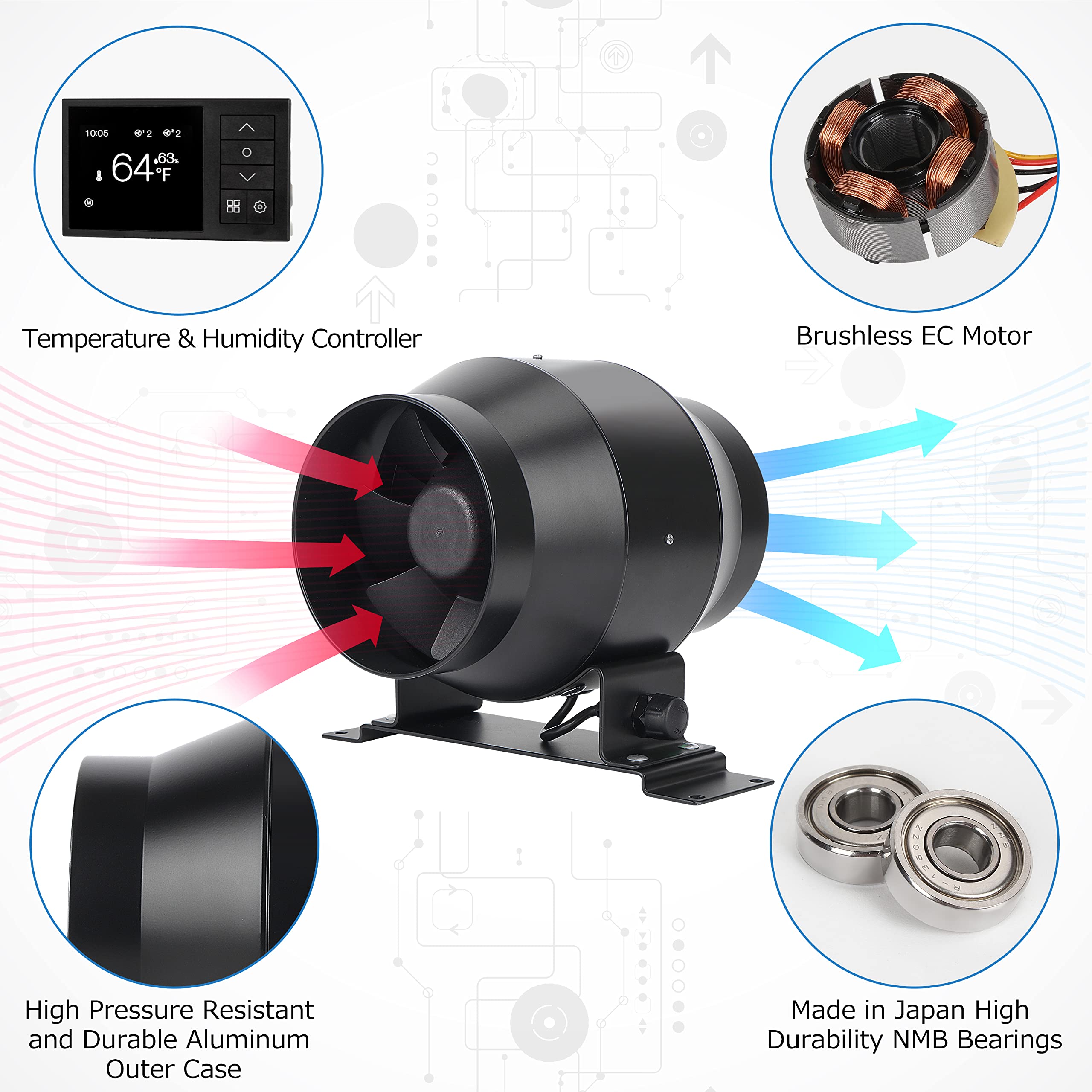 Ventilateur tubulaire réglable 100 mm 275 m³/h en ligne pour tentes de croissance ventilation évacuation