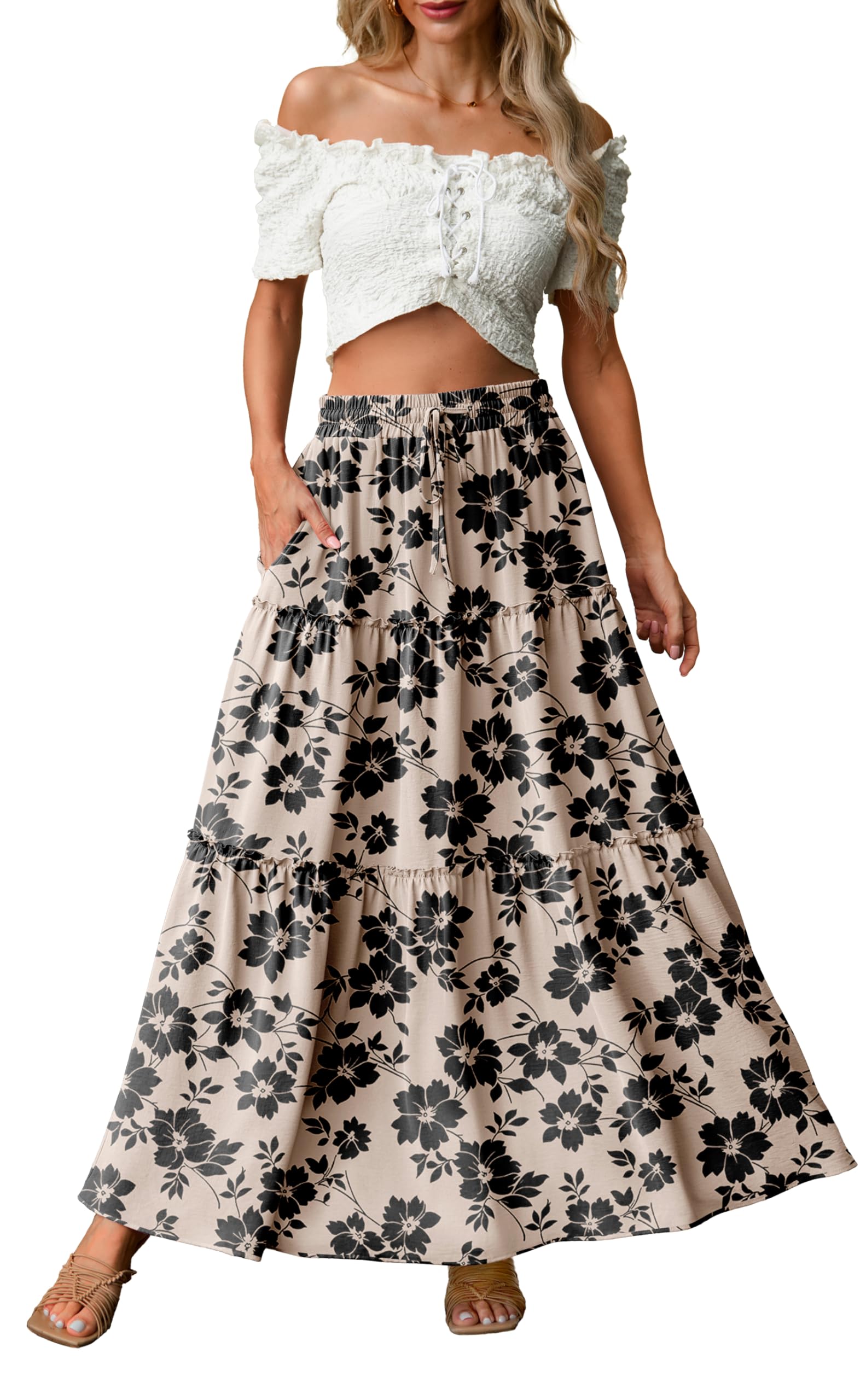 Qixing Women’s Summer Maxi Skirts Elastic Waist Pleated A Line Long Skirt Flowy Swing Beach Boho Skirt with Pockets