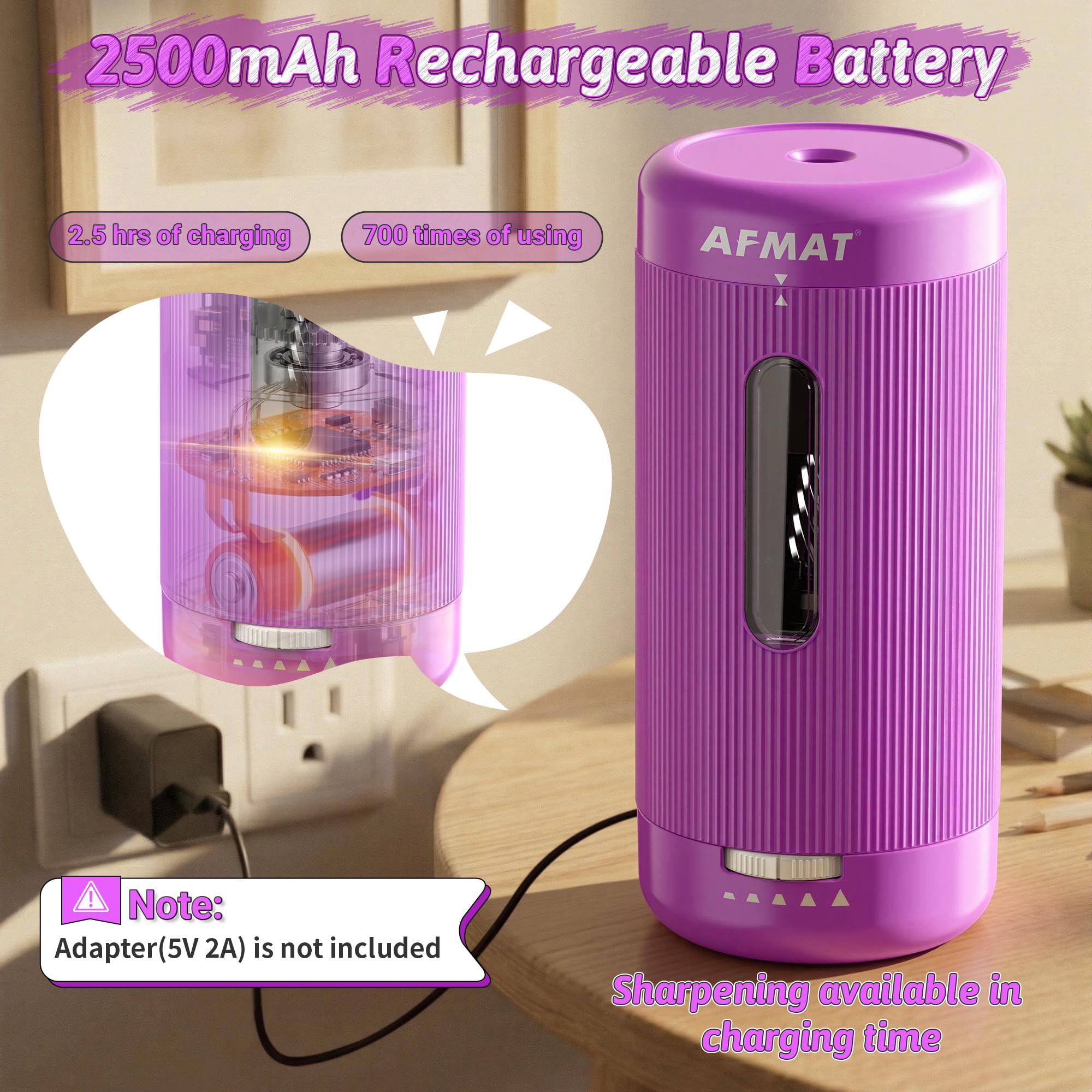 AFMAT Sacapuntas eléctrico, entrada y salida automática, 5 puntas, sacapuntas totalmente automático para aula, sacapuntas manos libres recargables para lápices n.º 2/jumbo/colores (φ6.5-12 mm) PSC3