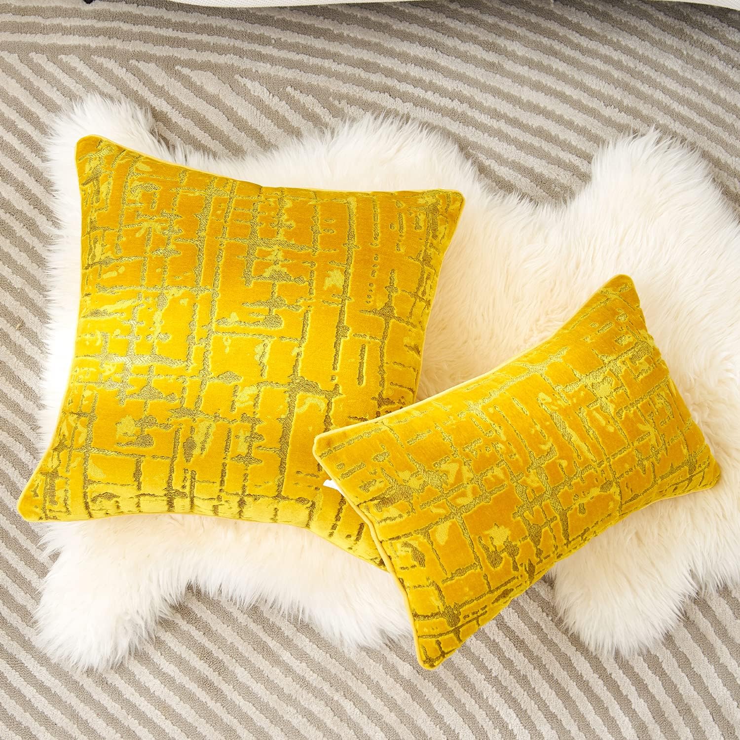 Alerfa Square Geometrical Plaid Striped Cut Velvet Throw Pillow Cover 18x18 Inch Luxury Modern Decorative Accent Pillow Cover for Couch Living Room Bedroom, Yellow image 5