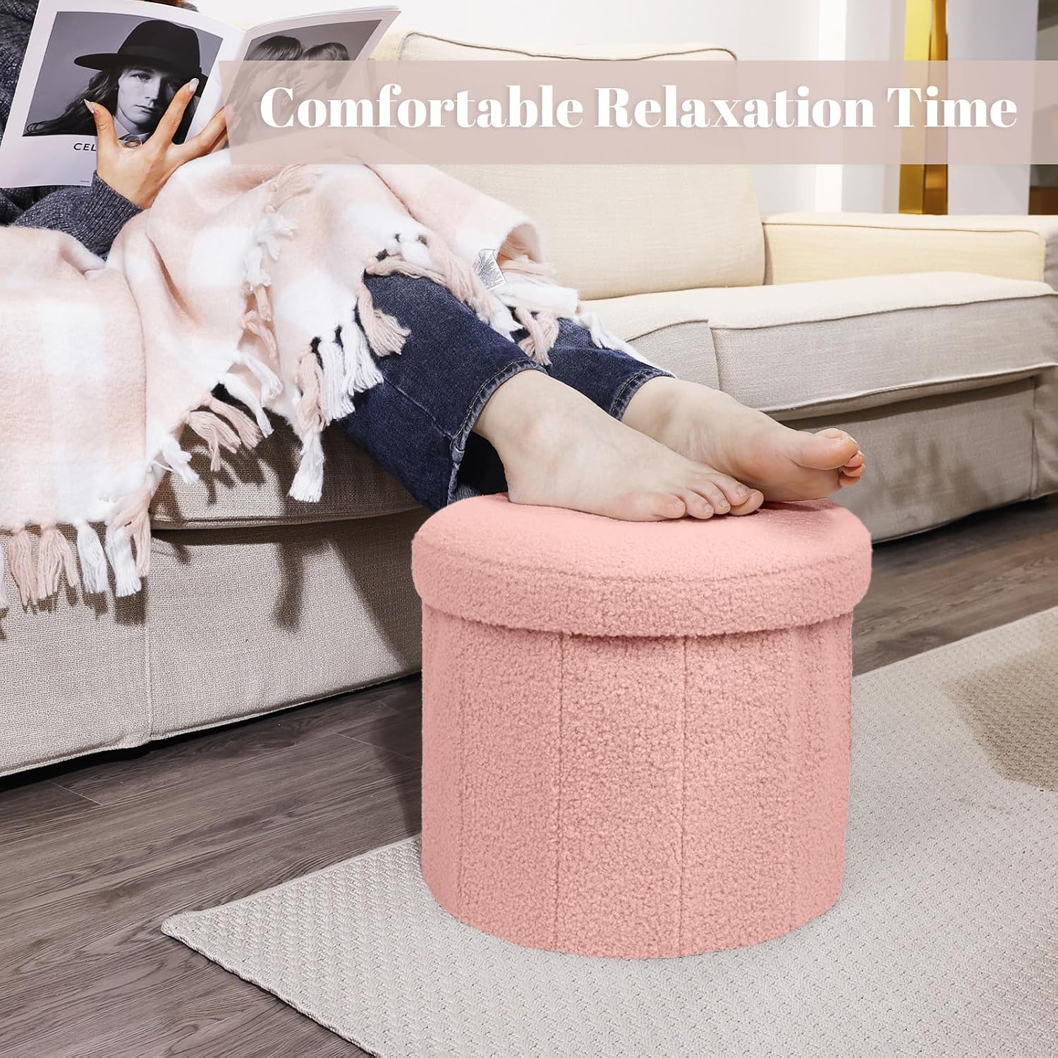 BoxedHome Round Pouf Ottoman with Storage, Ottomans Foot Rest Stool, Vanity Stool Chair & Circle Coffee Table, Padded Boucle Ottoman Seat for Dorm Bedroom Living Room, Support 220lbs, Pink