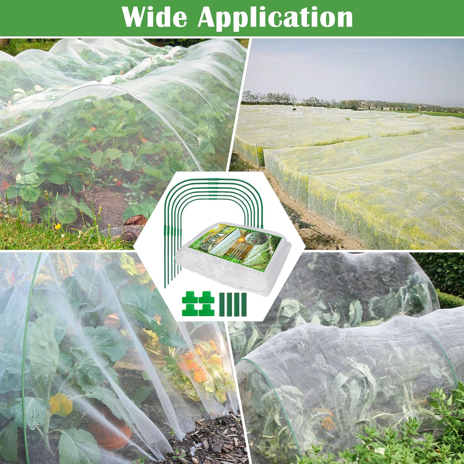 Unves 67 Pcs Garden Netting Kit, 10x25 Ft Ultra Mosquito Bird Netting with 6 Hoops & 12 Clips, Fruit Tree Netting for Patio Raised Beds Vegetable Flowers Protection Barrier Plant Covers Net
