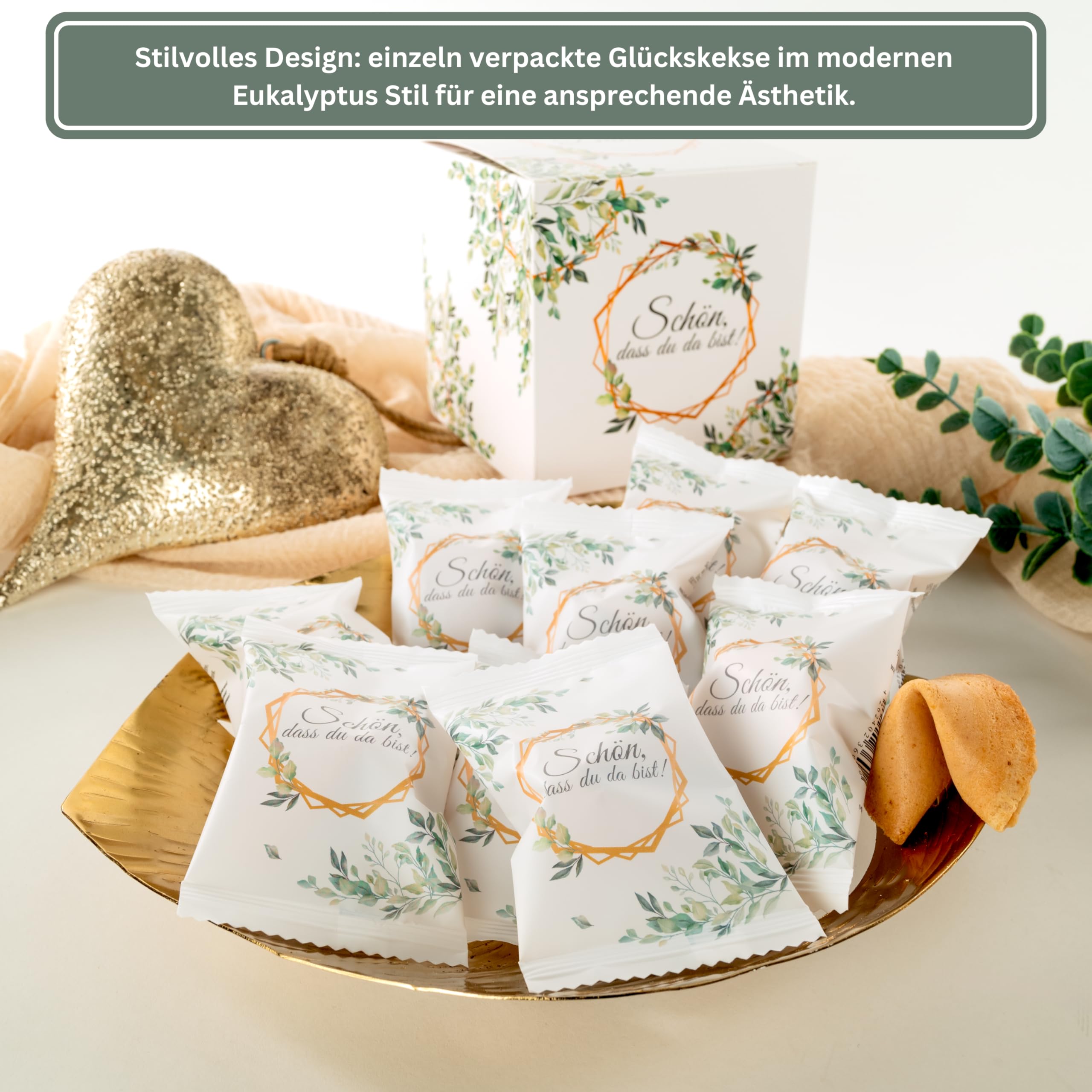 Lucky Treats - Schön, dass du da bist Glückskekse Weiß Eukalyptus - 12er Box - Mit liebevollen Botschaften auf Deutsch und Englisch - Gastgeschenke für Hochzeit & Taufe- Made in Germany