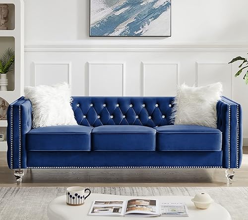 Miniatura 2 de mikibama Sofá de terciopelo de 3 plazas con botones y brazos cuadrados de 83.07 pulgadas, sofás de 3 asientos con cabeza de clavos recortada y patas