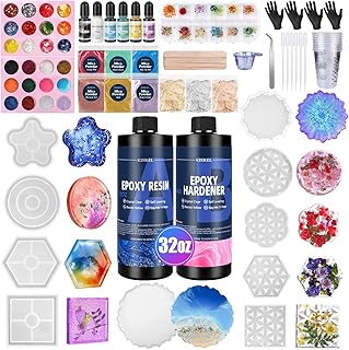 KISREL Epoxy Resin Kit for Beginners, 32oz Resin Kit with Coaster Molds, Complete Accessories Include Pigment, Mica Powders, Dried Flowers, Glitter, Measuring Cups and Other Resina Supplie