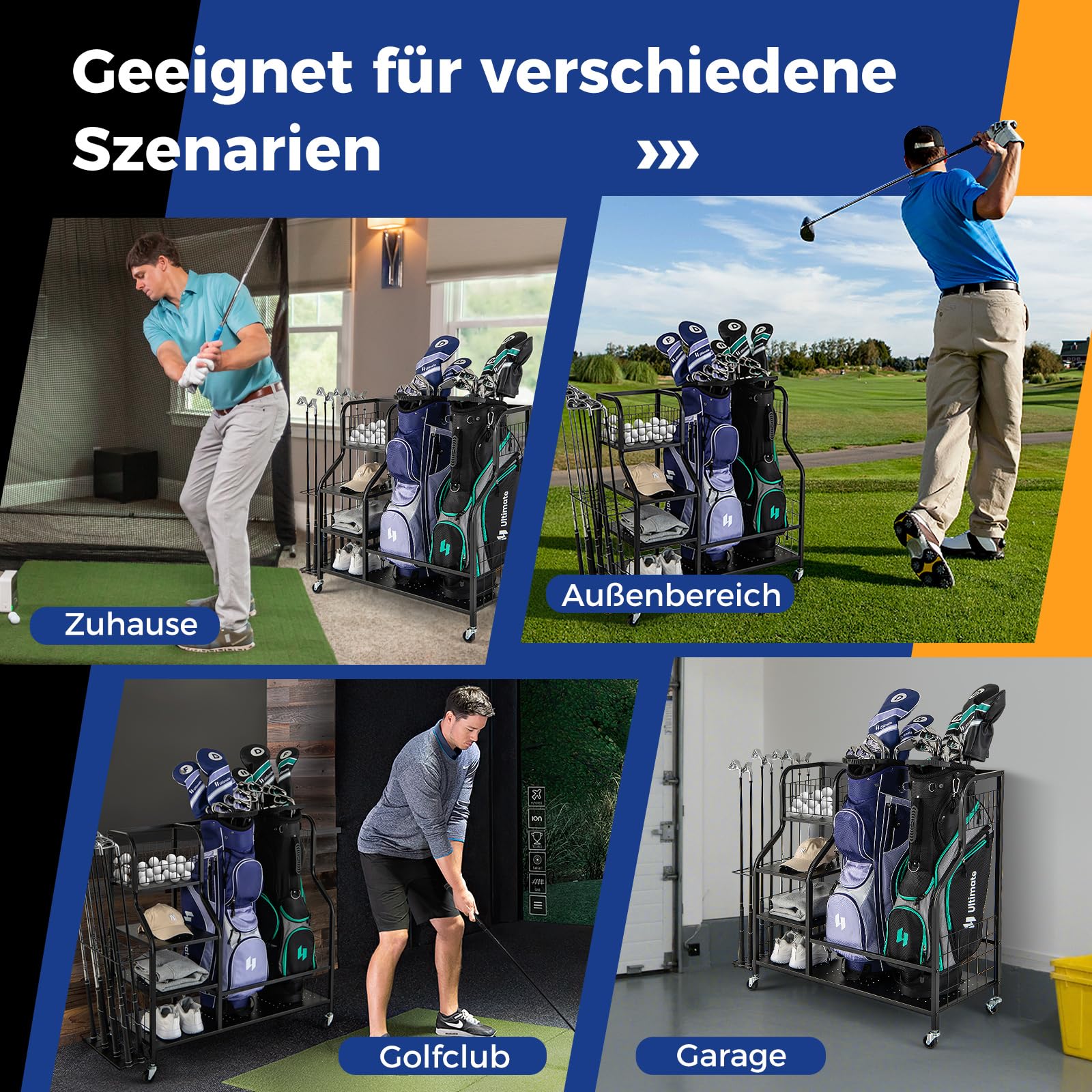 COSTWAY Organizer do kijów golfowych 4 w 1, organizer na kije golfowe z rolkami, na 2 torby golfowe i akcesoria golfowe, regał na torby golfowe z hakiem i koszem na piłeczki golfowe i 3 półki z metalu
