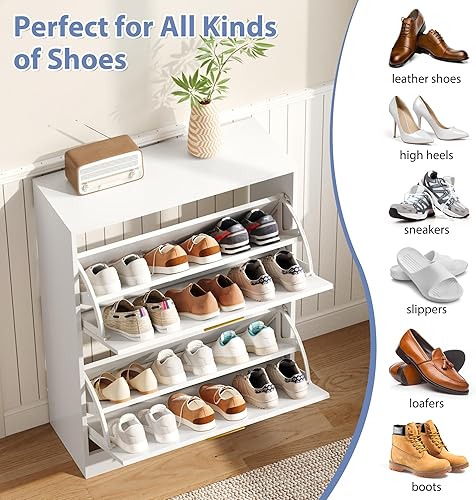 Miniatura 3 de Armario de zapatos con 2 cajones abatibles, armario de zapatos blanco para entrada, organizador de zapatos moderno de madera, estantes pequeños y