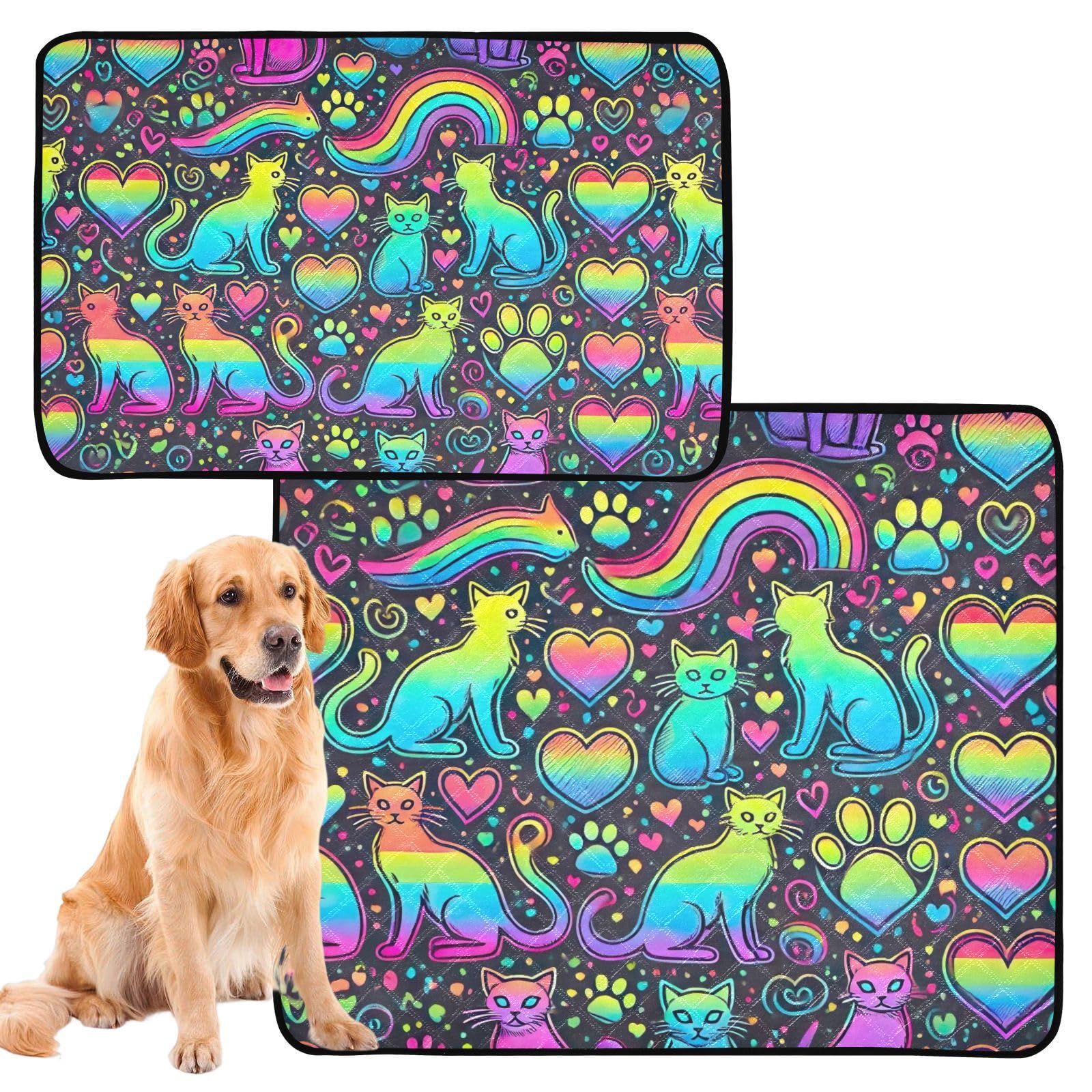 TSENQUE Pee Pads Washable Reusable Pet Cat Pad Neon Cat Rainbow Absorbent Whelping Pads Waterproof Floor Mat Non Slip, Medium + Large, Set of 2