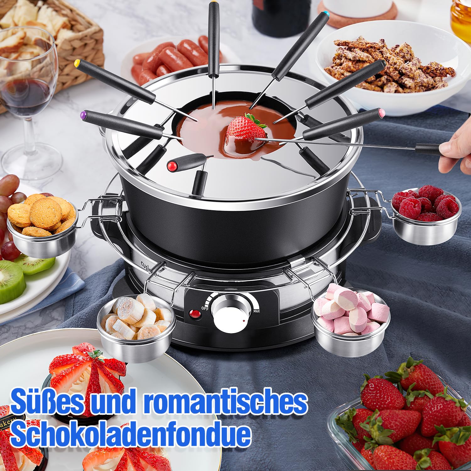 CUSIMAX Elektrisches Fondue-Set mit 1300W Leistungsregelung für Käse, Schokolade, Öl und Brühe, 2L Antihaft-Elektro-Fondue-Topf mit 8 Gabeln, 6 Tassen und abnehmbarem Anti-Verbrühungs-Griff