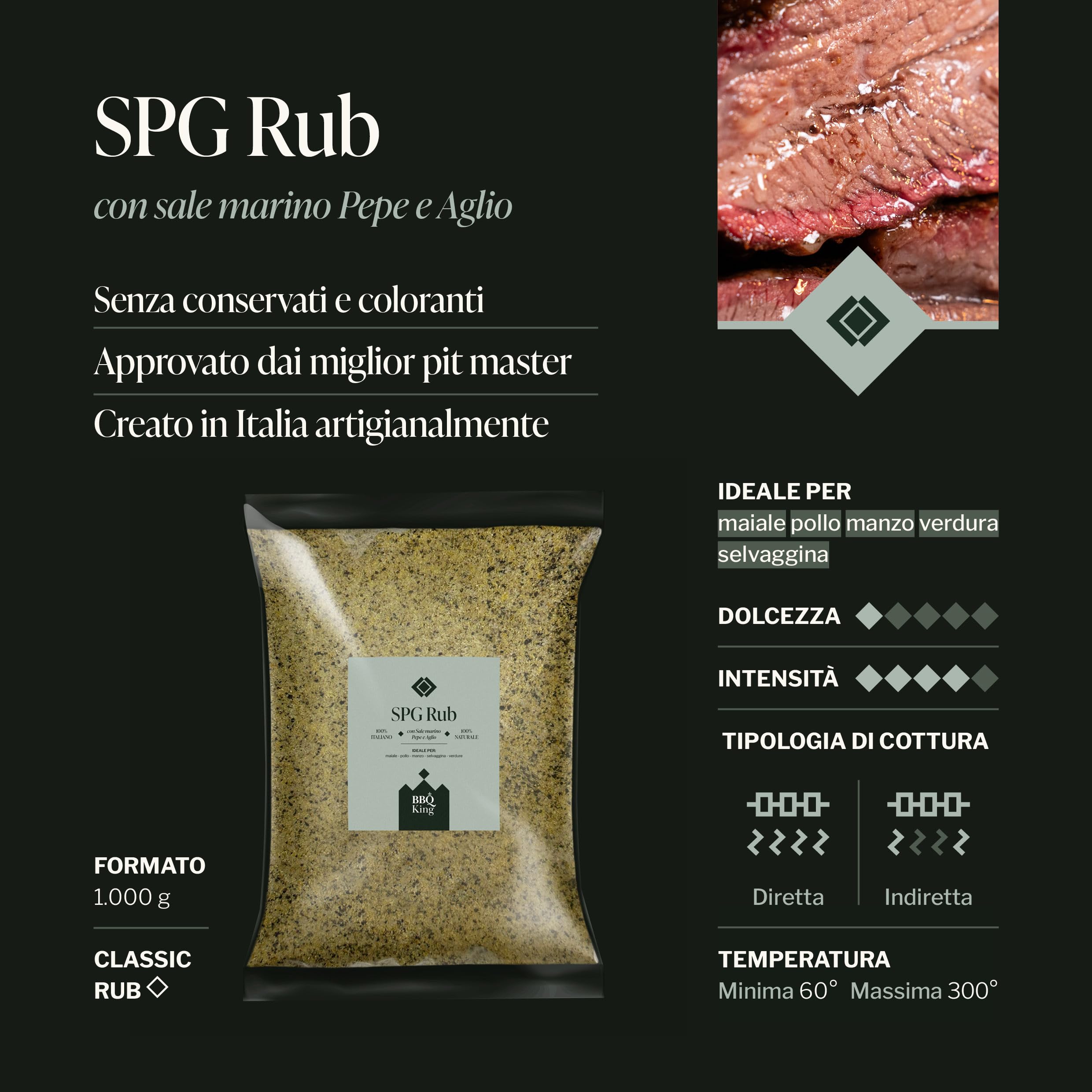 BBQ KING - S.P.G. Rub Confezione da 1Kg, Salt Pepper Garlic Dry Rub Bbq Ideale per Barbecue e Grill, Set Spezie Cucina 100% Made in Italy, Miscela di Spezie a Base di Sale, Pepe ed Aglio