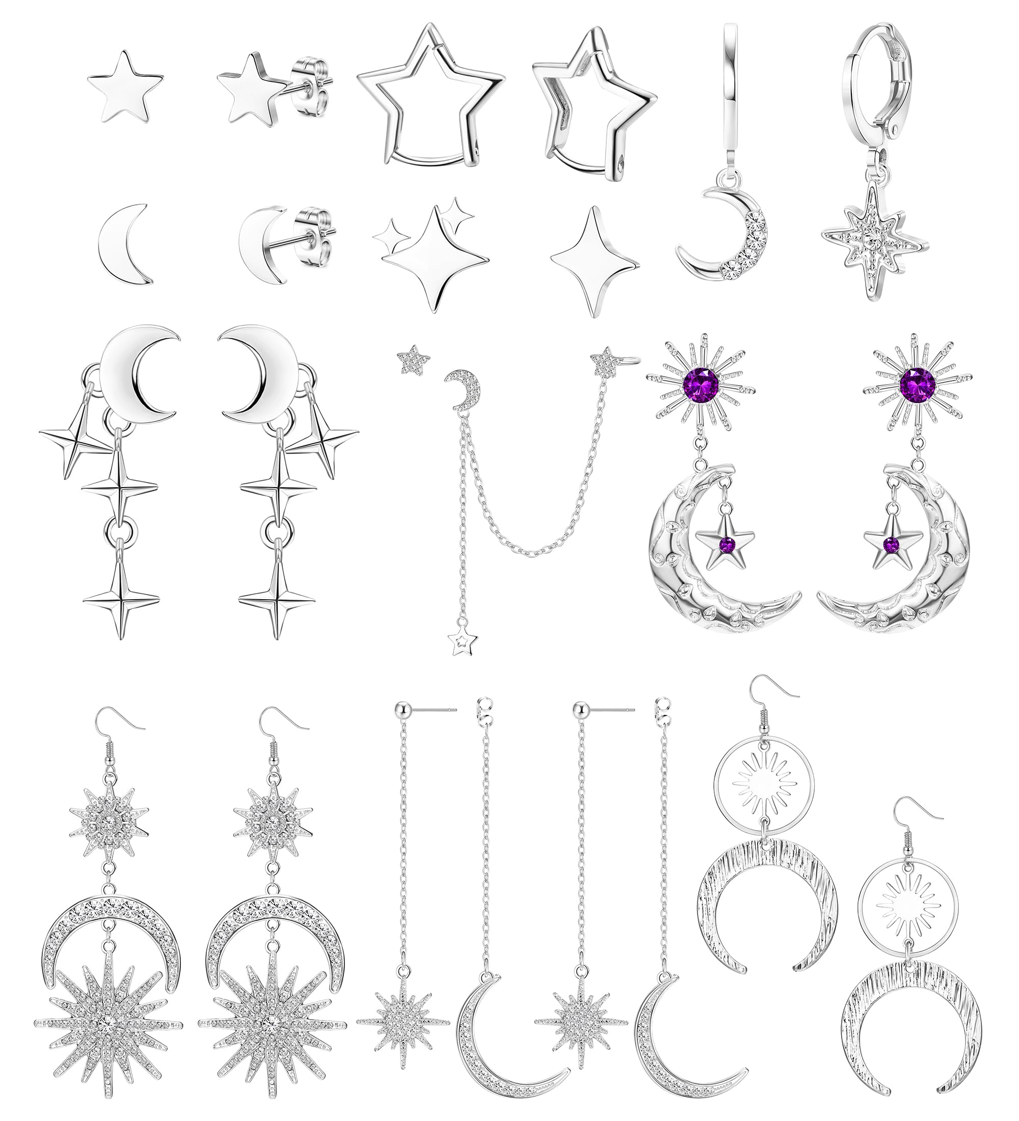 Kakonia 11 Pares De Pendientes Estrella Luna Para Mujer Estrellas Sol Oro Plata Acero Inoxidable Y2kpendientes De Aro De Cadena Hipoalergénicos Para Colgar, Pendientes De Aro Huggie Mujer