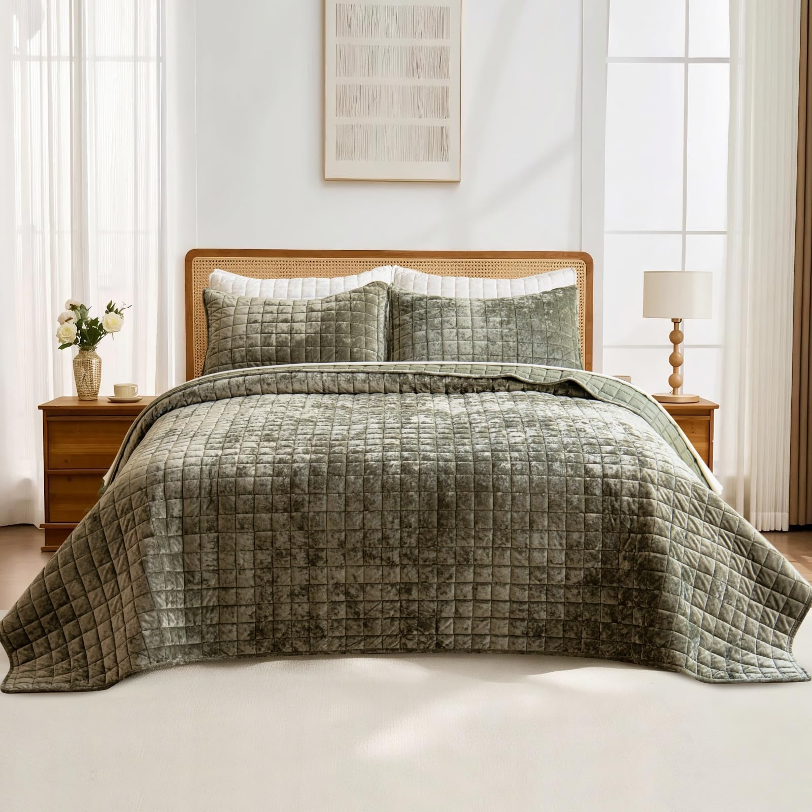 Kekehoon Velvet Quilt, Lightweight Velvet Comforter Set with 2 Pillow Shams, Soft Oversized Bedspread Coverlet Quilted Bedding Set for All Season Olive Green 250x270