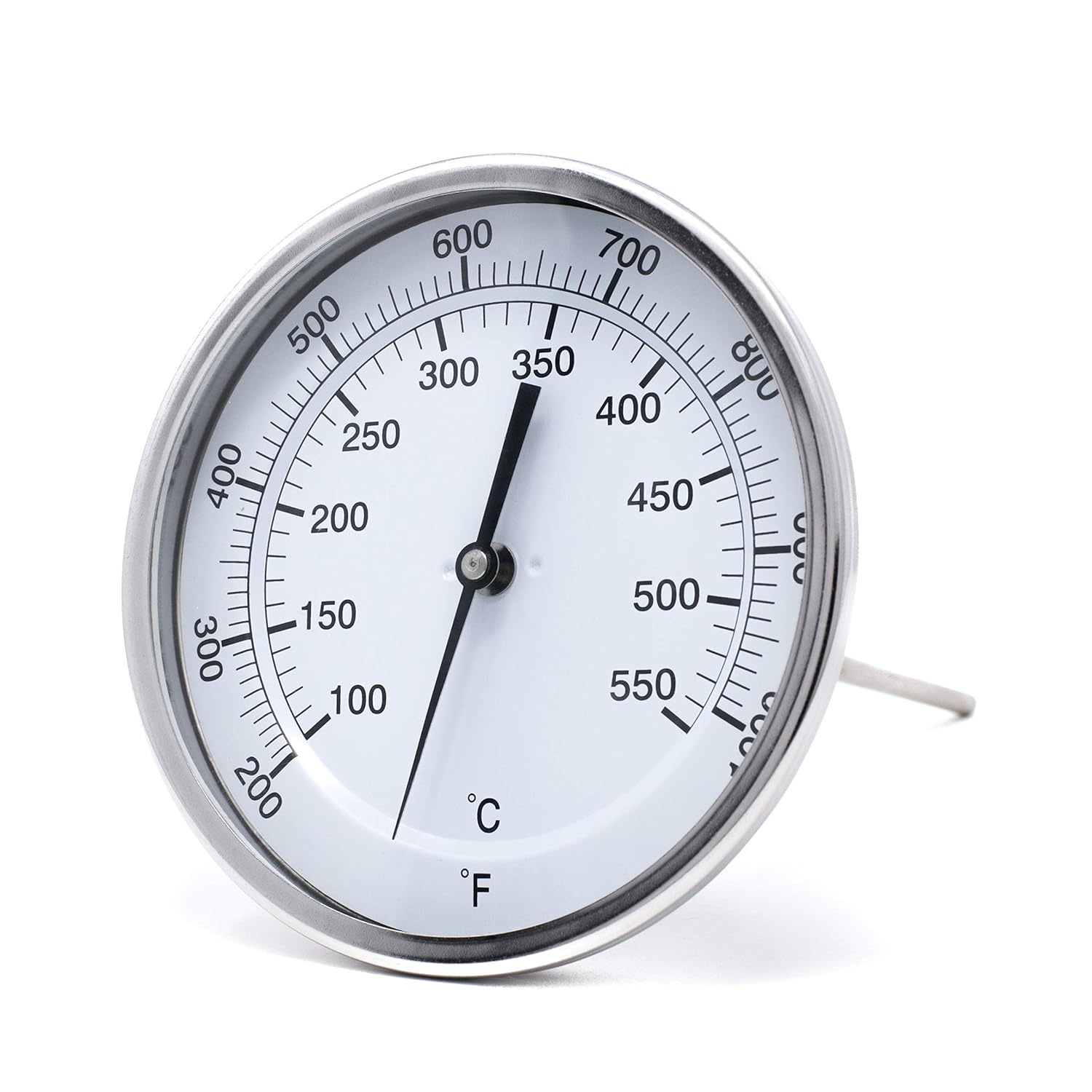 PIC Gauges B5B9-TT SS Case Bimetal Thermometer, 316 SS Stem, Back Angle Connection, 5" Dial, 9" Stem Length, 200/1000° F & 93/538° C Temperature Range