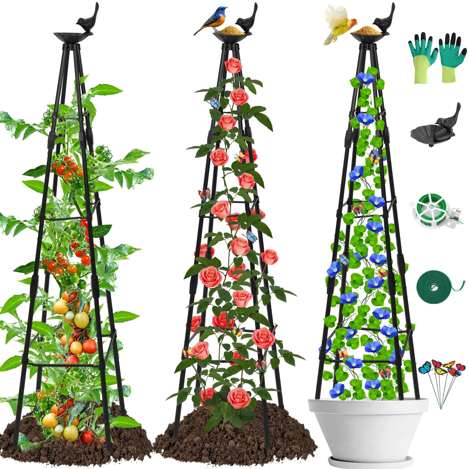 Cludoo 2 Packs Garden Obelisk Trellis for Climbing Plants with Bird Drinking Tray Decoration, 44 Inch Garden Obelisk for Indoor Outdoor Plants,Climbing Trellis for Flowers, Vines, Vegetables