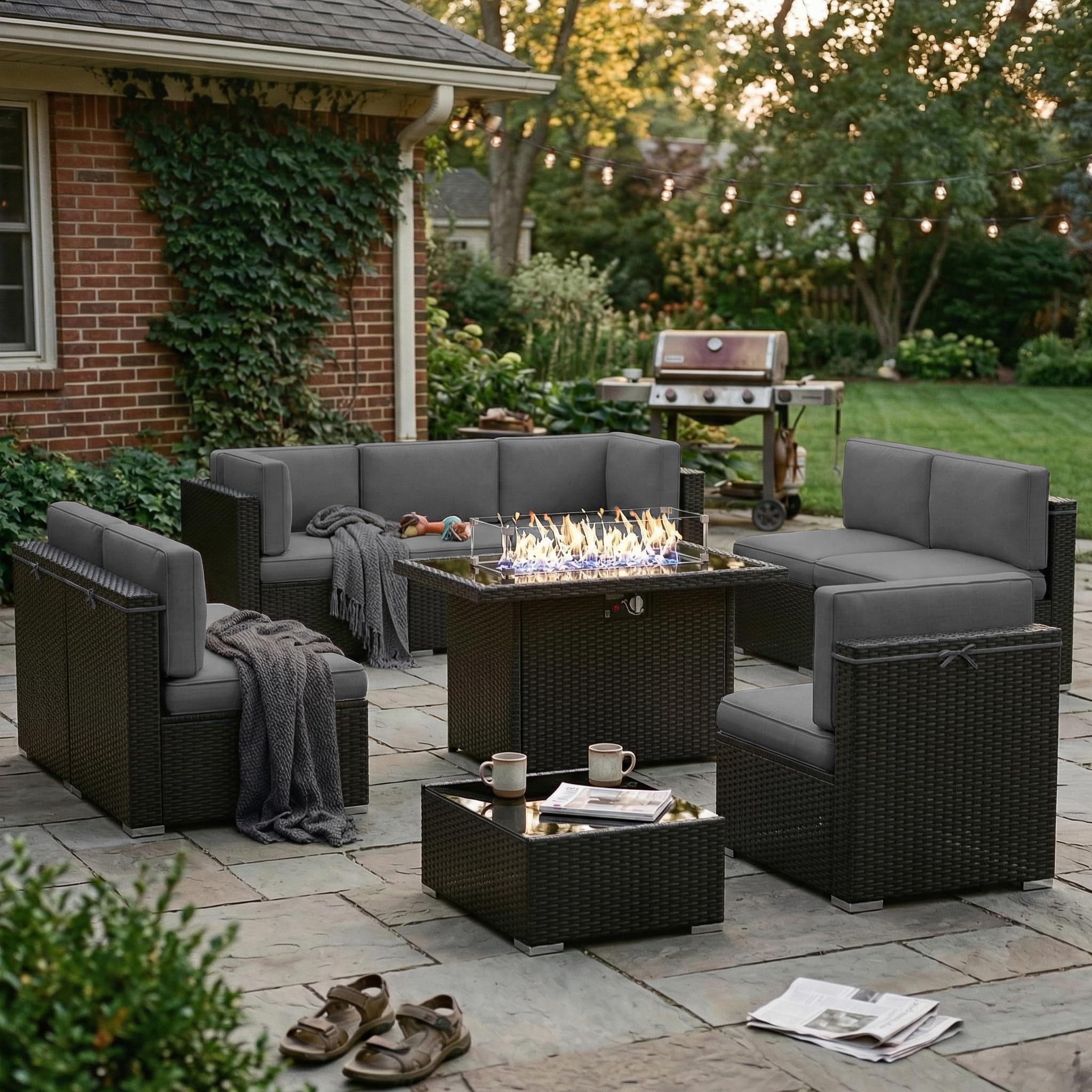 Vakollia 10 Pieces Patio Furniture Set with 44" Propane Gas Fire Pit Table, Outdoor Sectional Wicker Conversation Sofa Sets with Coffee Table