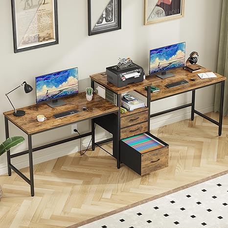 93'' Two Person Desk with Charging Station, Long Desk with 3 Fabric Drawers and Printer Shelf, Double Computer Desk, 2 Person Writing Study Table Workstation for Home Office, Rustic Brown
