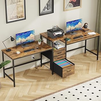 93'' Two Person Desk with Charging Station, Long Desk with 3 Fabric Drawers and Printer Shelf, Double Computer Desk, 2 Person Writing Study Table Workstation for Home Office, Rustic Brown