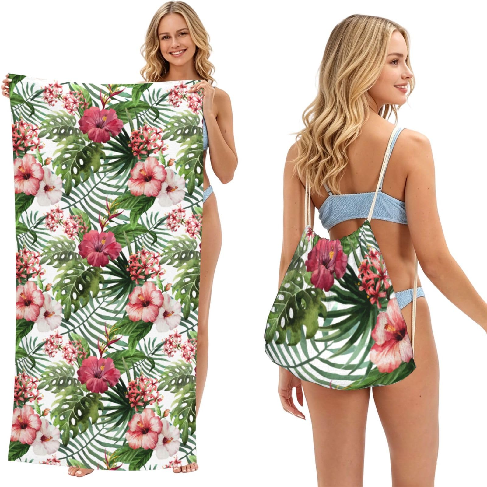 Poadnly Hibiscus Flower Print, 2 in 1 Packable Towel Bag, Beach Towels with Drawstring Backpack for Travel Holiday Camping