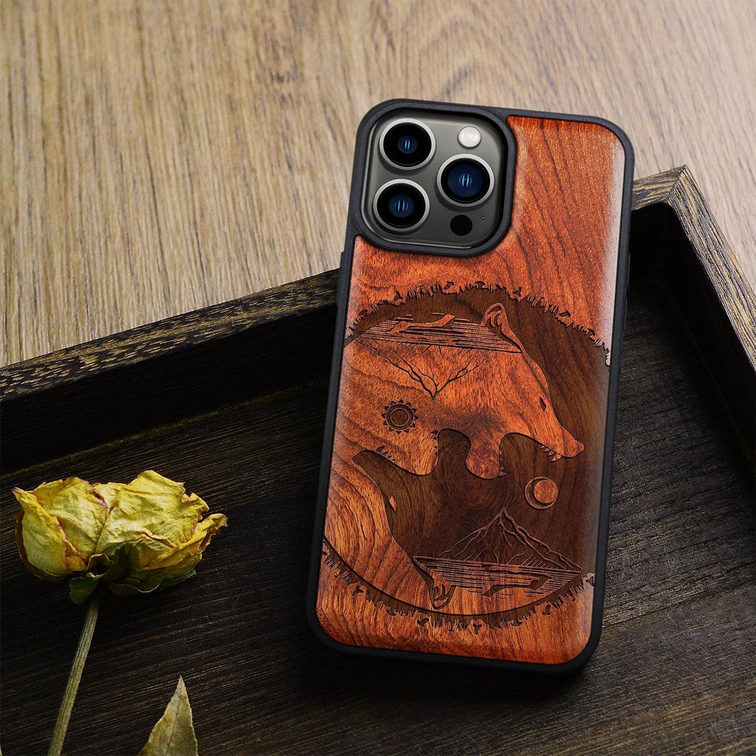 Carveit Magnetic Wood Case for iPhone 14 Pro Max [Natural Wood & Black Soft TPU] Unique & Classy Wooden Shockproof Protective Cover Compatible with magsafe (Yin Yang-Wolf-Tai Chi -Rosy)
