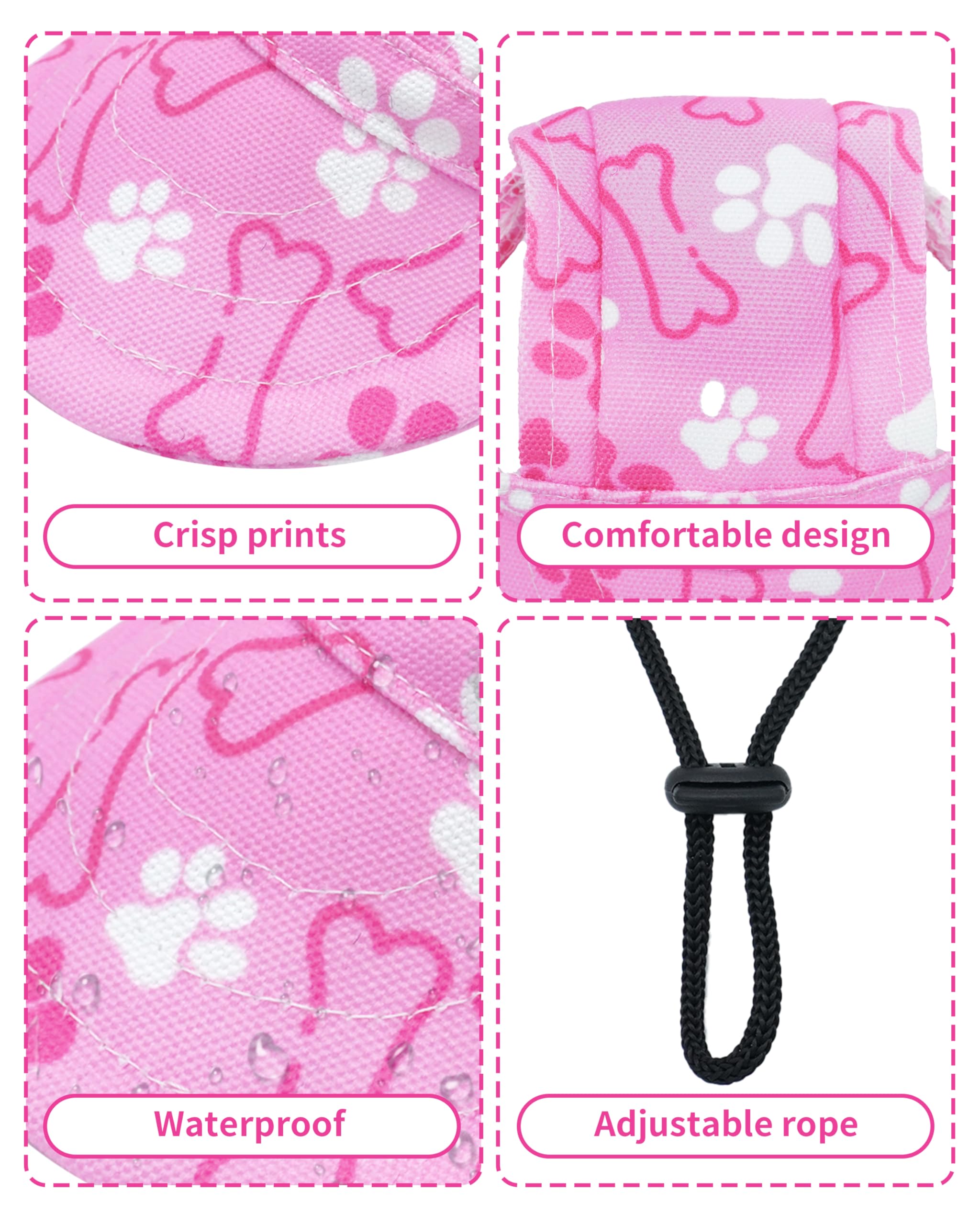 PET SHOW Dog Baseball Cap Paw Print Dog Visors for Medium Large Dogs Waterproof Pet Sun Hats with Ear Holes Adjustable Drawstring Girl Puppy Hat -Pink/L