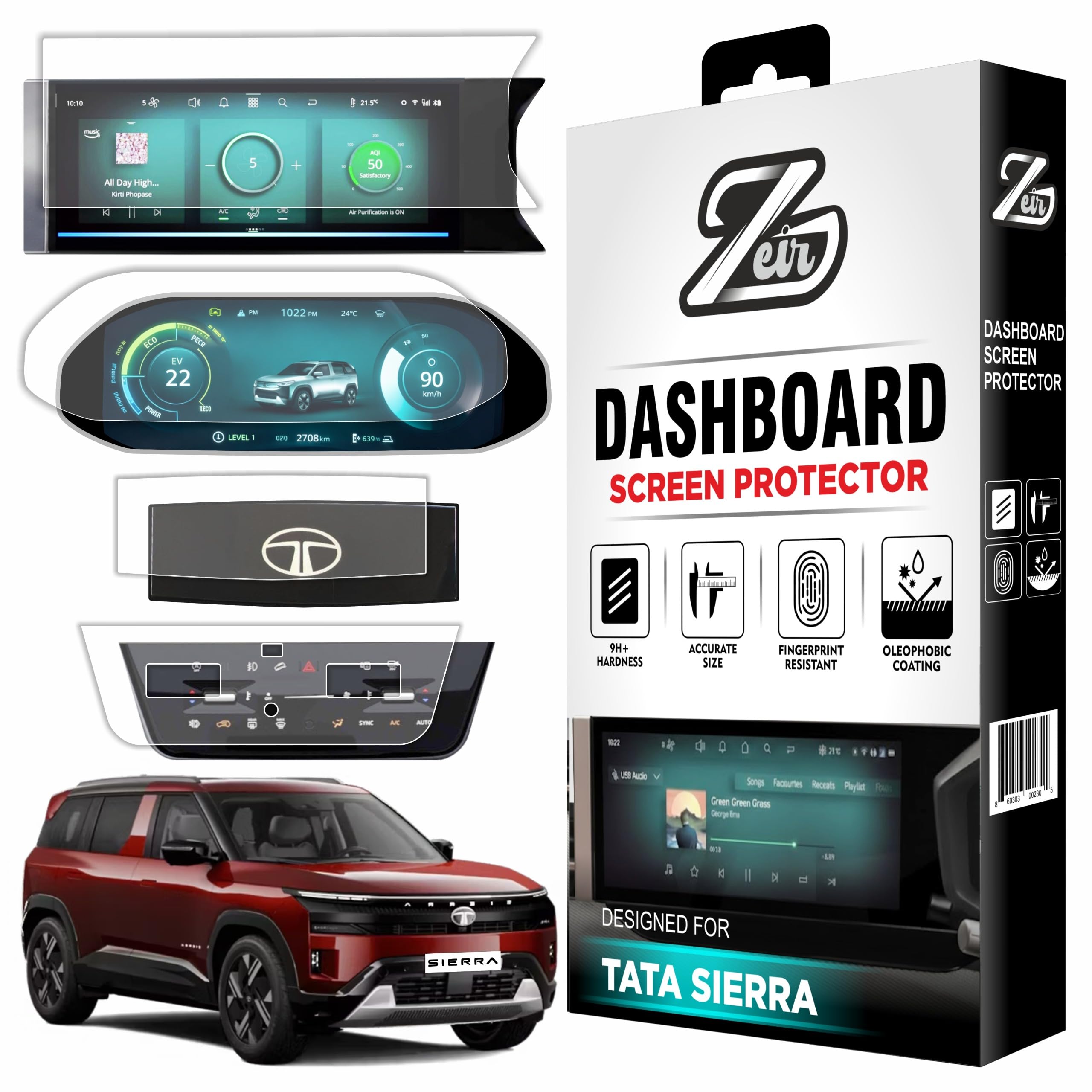 zeir [4 pack] screen protector compatible with tata sierra 2025 facelift | 12.3-inch infotainment, 10.25 inch instrument cluster, steering & ac panel guard for tatasierra adventure+ & accomplished | 9h hardness, anti-scratch & water resistant | hd clarity dashboard touchscreen accessory 2026+ [not tempered glass]