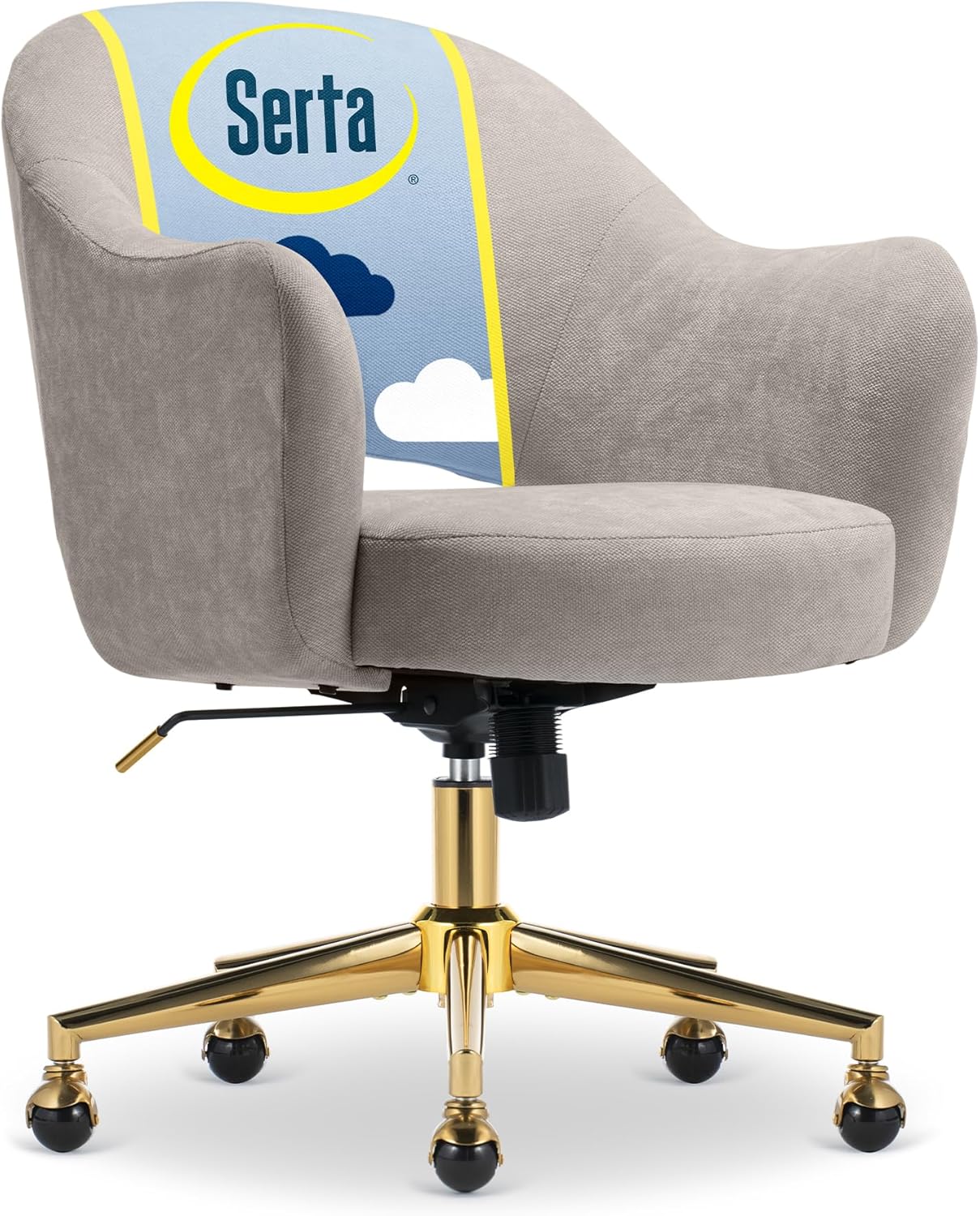 Serta Mia Modern Office Chair: Low-Back Barrel Velvet Armchair, Pocket Coil Cushion, Swivel Gold Base, Beige - Mid-Century Vanity Chair