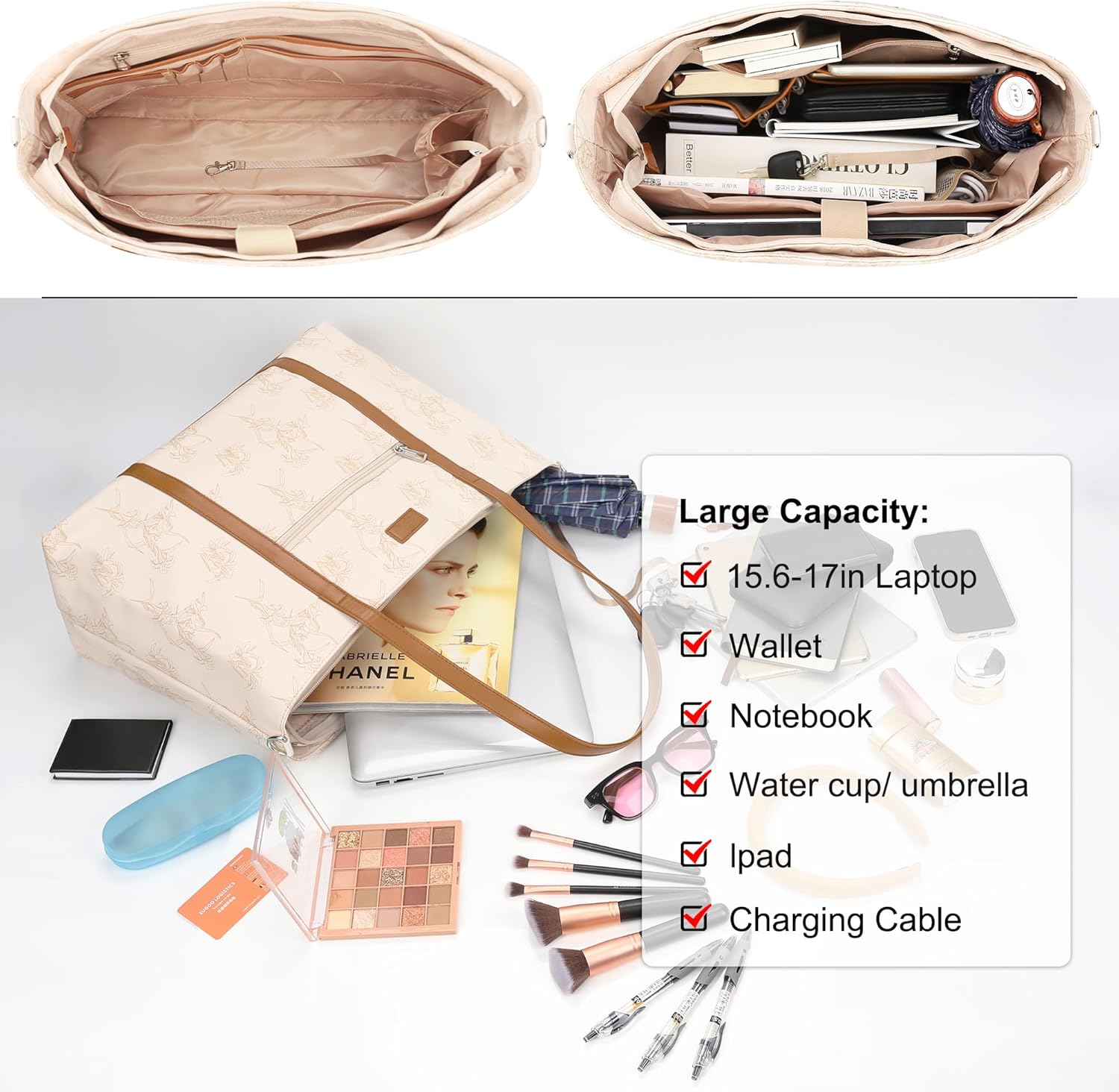 Laptop Bag for Women 17 Inch, Leather Laptop Tote Bag Waterproof Computer Bag Office Work Bag Business Briefcase with Compartment&Shoulder Straps (A3-Beige/Brown Flower, 17.3 inch) - Image 3