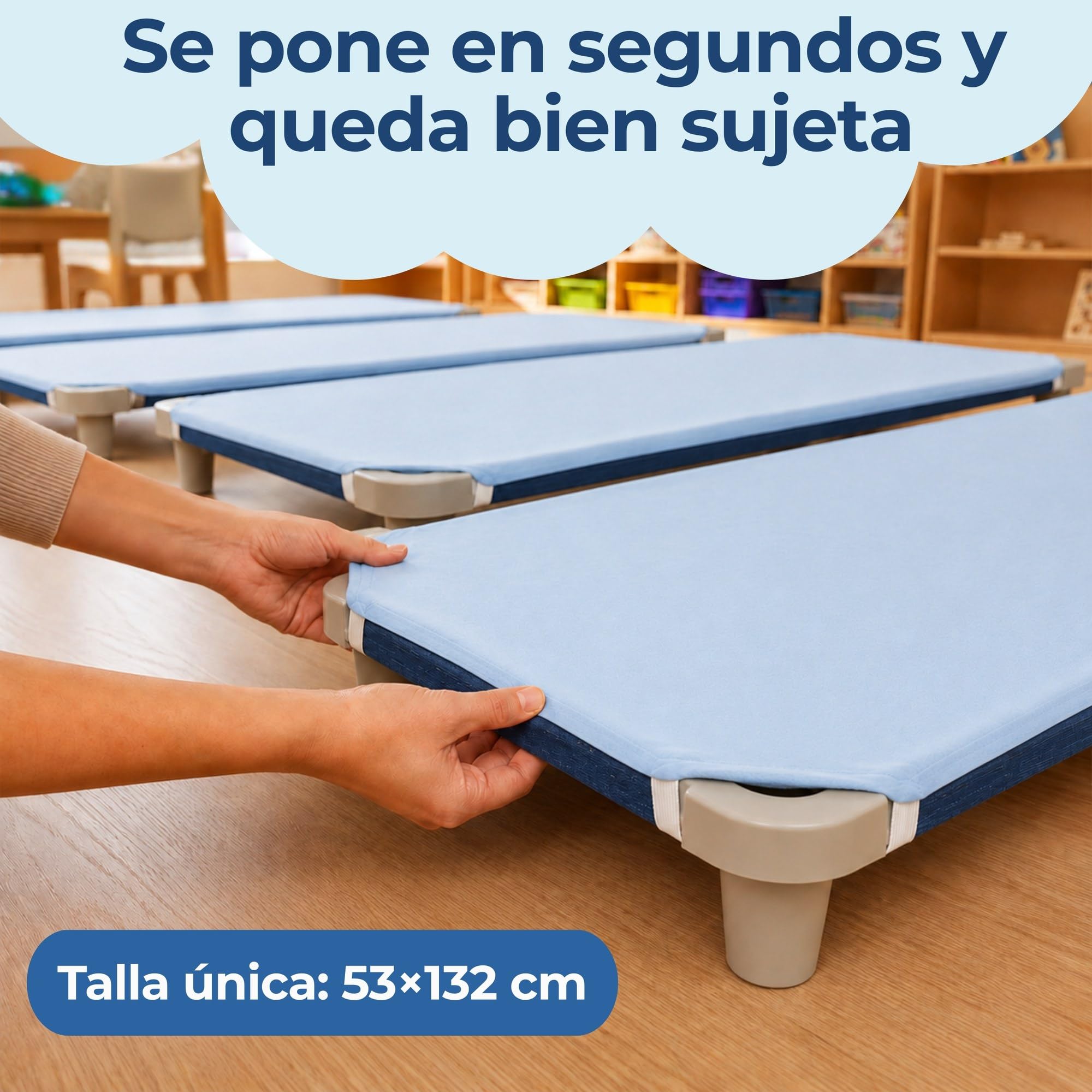 Bisoo Sábana Ajustable para Hamaca Guardería 53x132 Algodón - Set 6 Azul | 4 gomas firmes: se pone en segundos y no se suelta. A prueba de lavados. Algodón Oeko-Tex. Guardería, escuela infantil y casa