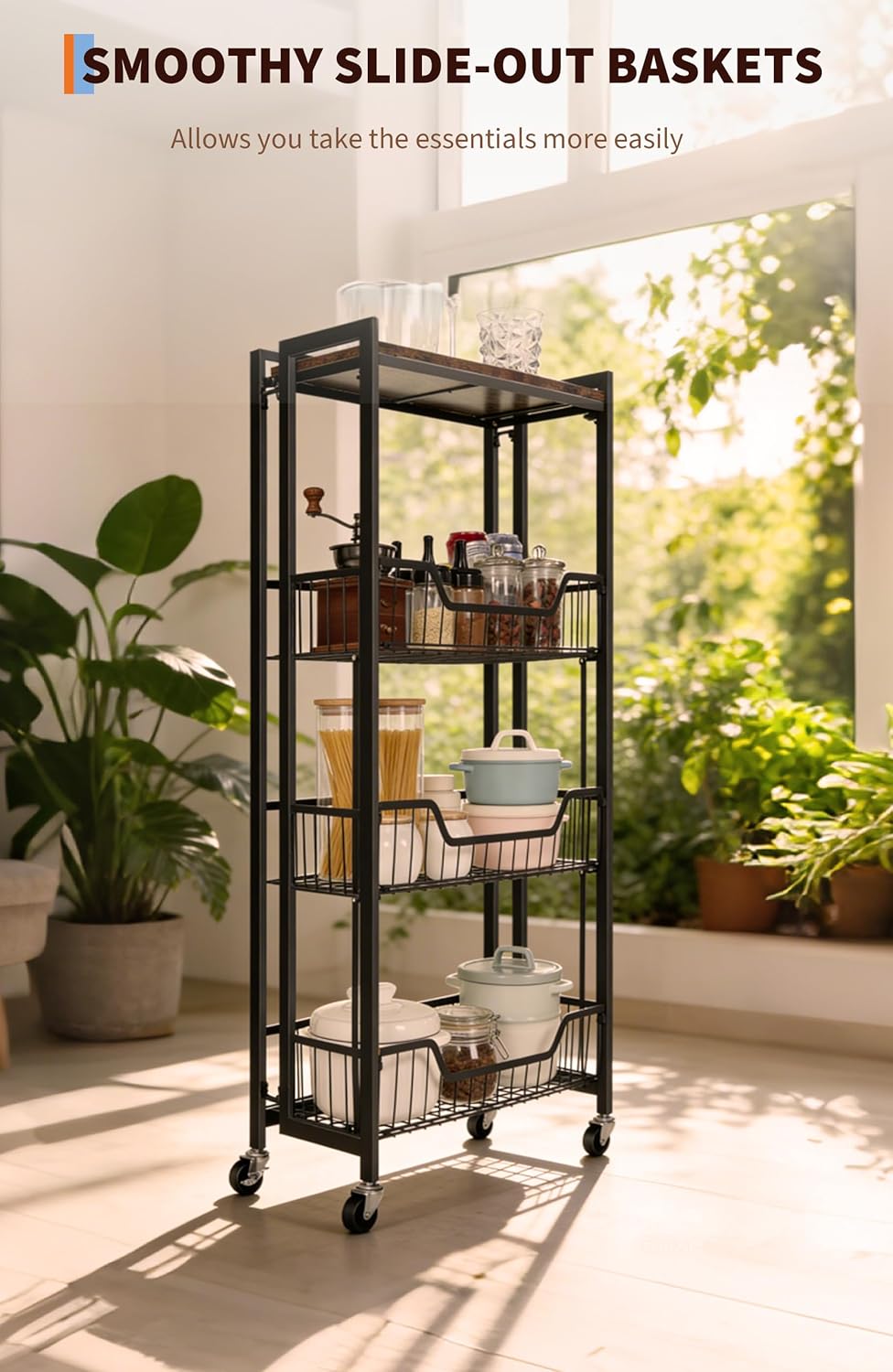 Patikuin Large 4-Tier Wooden Folding Kitchen Storage Shelf – Heavy Duty 100 lbs Utility Cart – Lockable Wheels, Removable Shelves, No Assembly Needed – Space-Saving Mobile Organizer – Black Frame