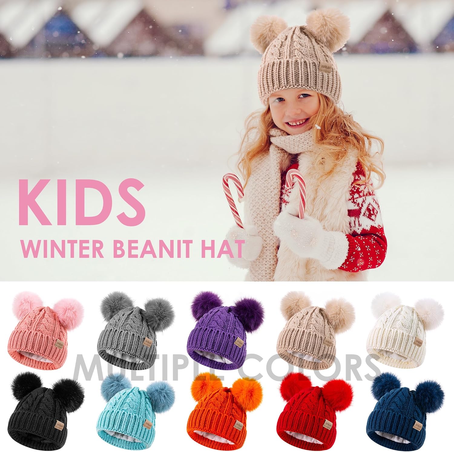 Kids Winter Beanie Children’s Warm Knitted Fleece Lined Ski Pom-Pom Warm Knit Hat for Boys & Girls 3-9 Years - Image 7