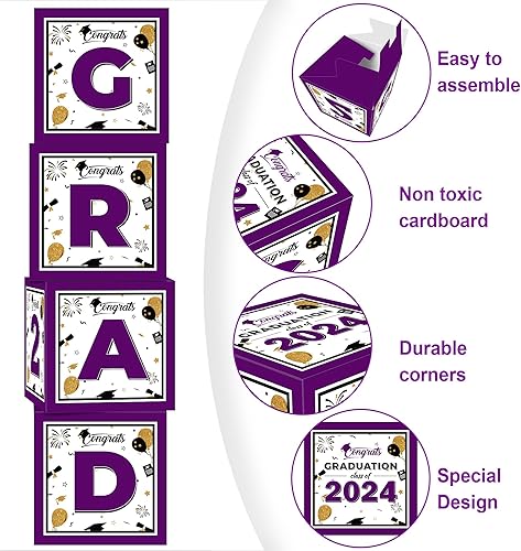 Miniatura 5 de Decoraciones de fiesta de graduación 2022, 4 cajas de globos de graduación de oro púrpura con 2 piezas de "GRAD" y letras moradas "2022" para