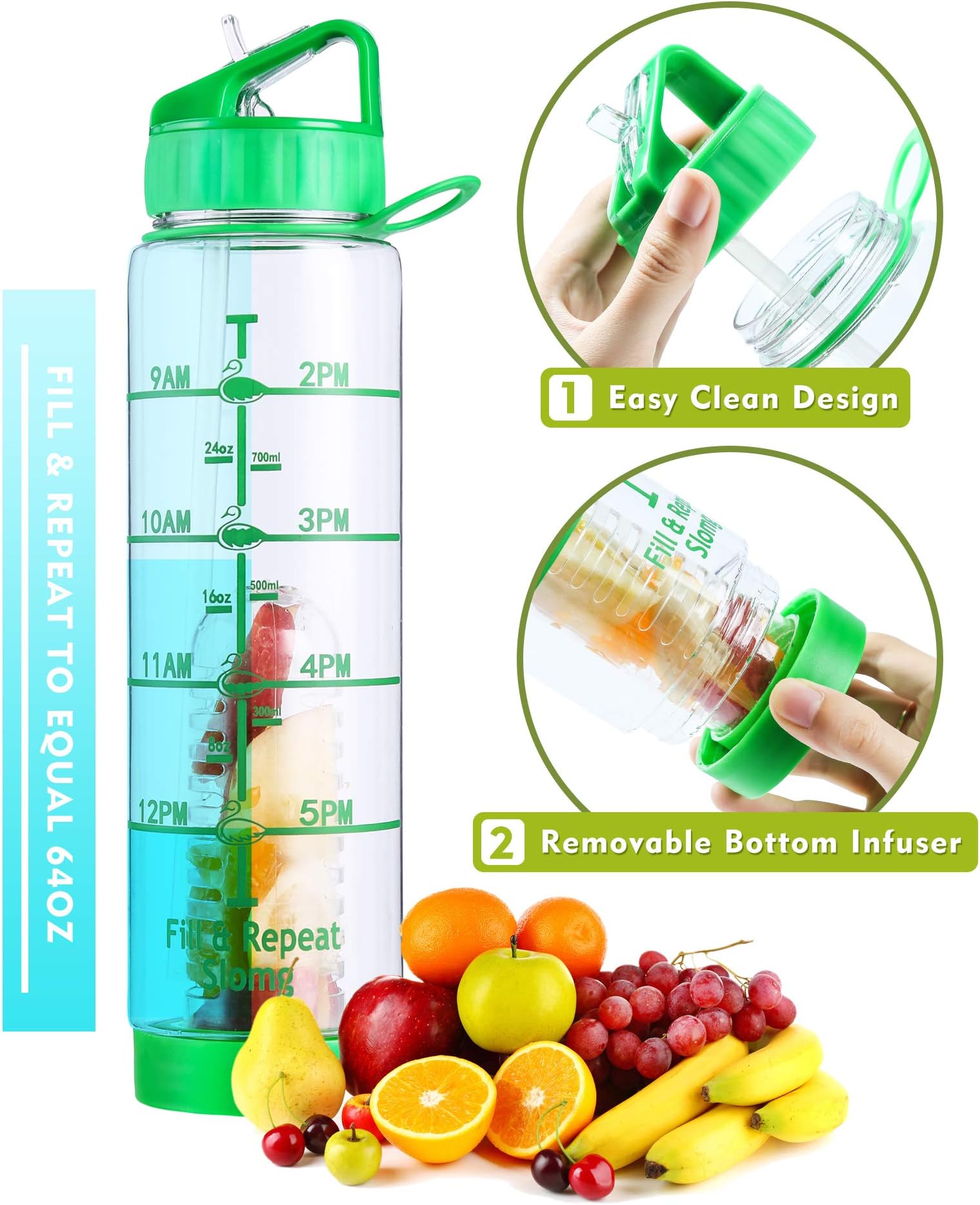 Easy Clean 32 oz Straw Water Bottle, Leak Proof Measurement Markings Water Bottle Time Marker, Eco Friendly BPA Free Fruit Infuser Water Bottle oz Tracker, Office 1 Liter Gym Bottle Reminder to Drink