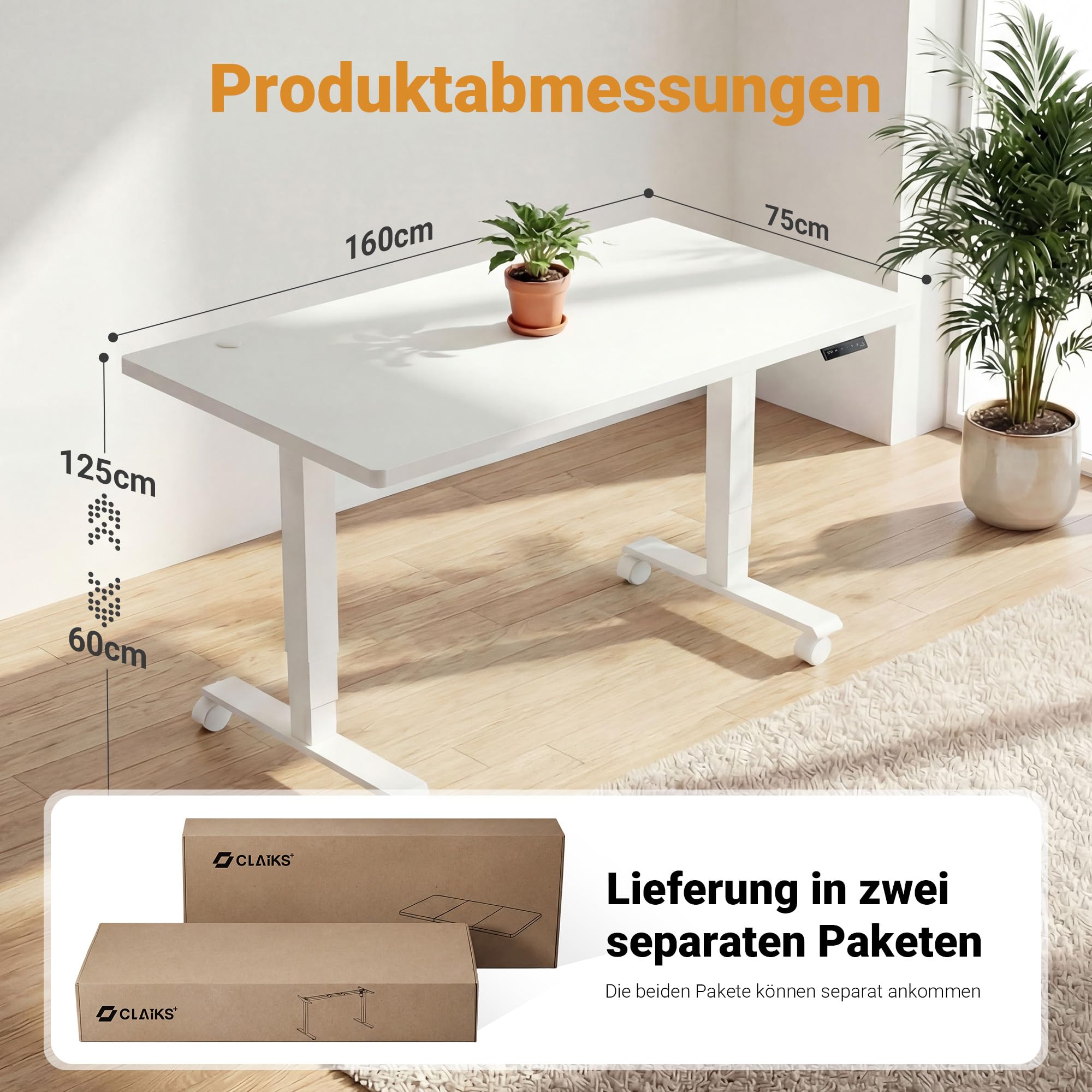 Claiks Höhenverstellbarer Schreibtisch 160×75 cm, Mit 2 Elektrischen Motoren, 25mm Dicke Tischplatte, 130KG Tragkraft Schreibtisch Höhenverstellbar mit 3-Funktions-Memory & 4 Geräuscharme Rollen, Weiß