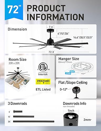 Miniatura 6 de Maxslak Ventilador de techo inteligente industrial de 72 pulgadas con luz y control remoto, ventilador de techo grande con 8 aspas de aluminio,
