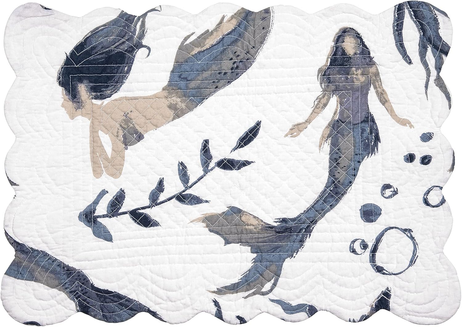 C&F Home Sister Sirens Quilted Placemats Set of 6 Placemats Machine Washable Scallop Edge Rectangle Coastal Ocean Beach Nautical White and Blue Mermaid Pattern Cotton Reversible 13" x 19" Blue