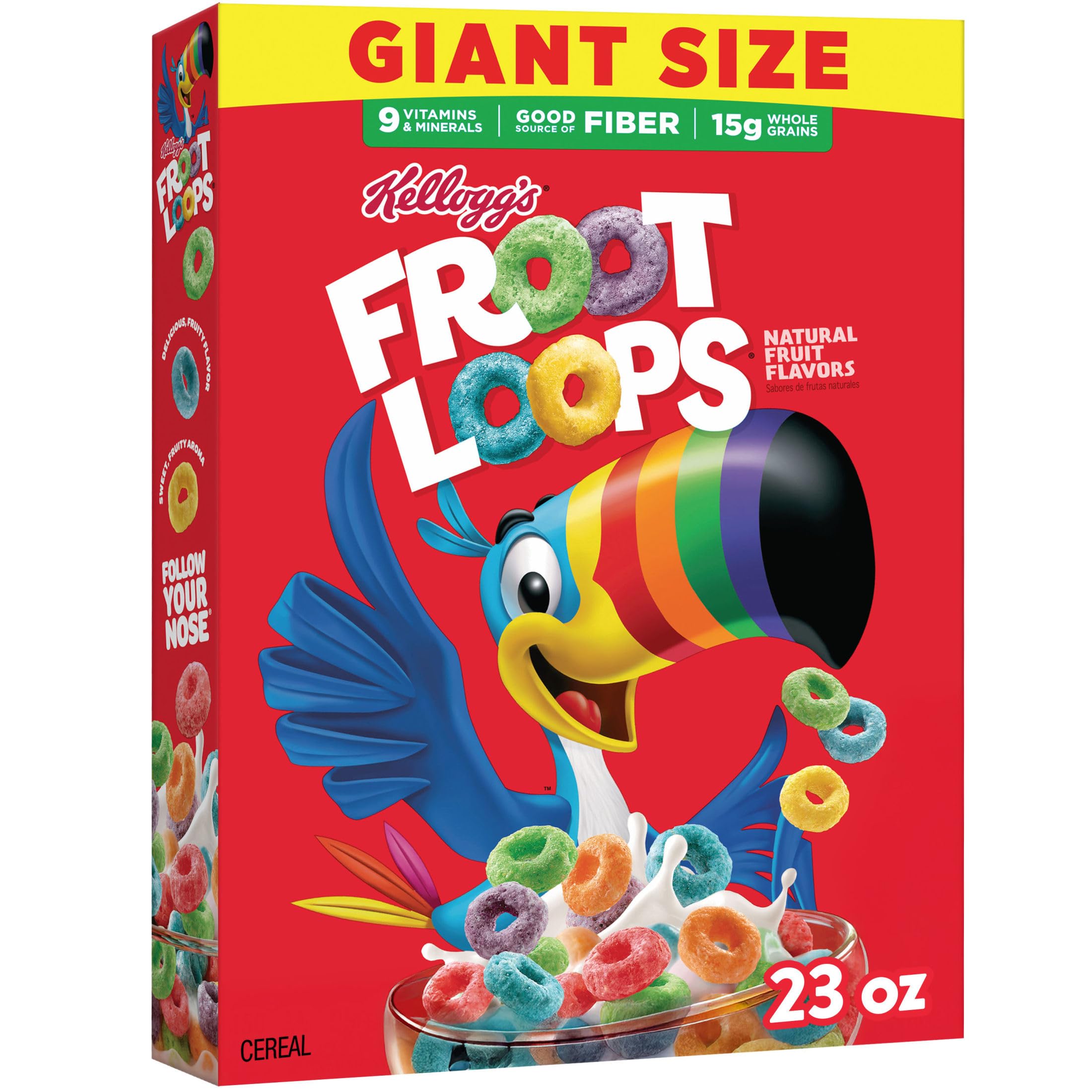 Kellogg’s Froot Loops Breakfast Cereal, Good Source of Fiber, 15g Whole Grain, Giant Size, 23 oz